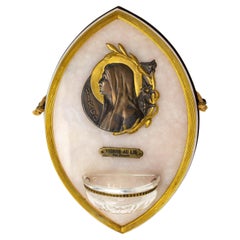 Art Nouveau Holy Water Font Virgin Mary Lily Stone Brass & Glass French