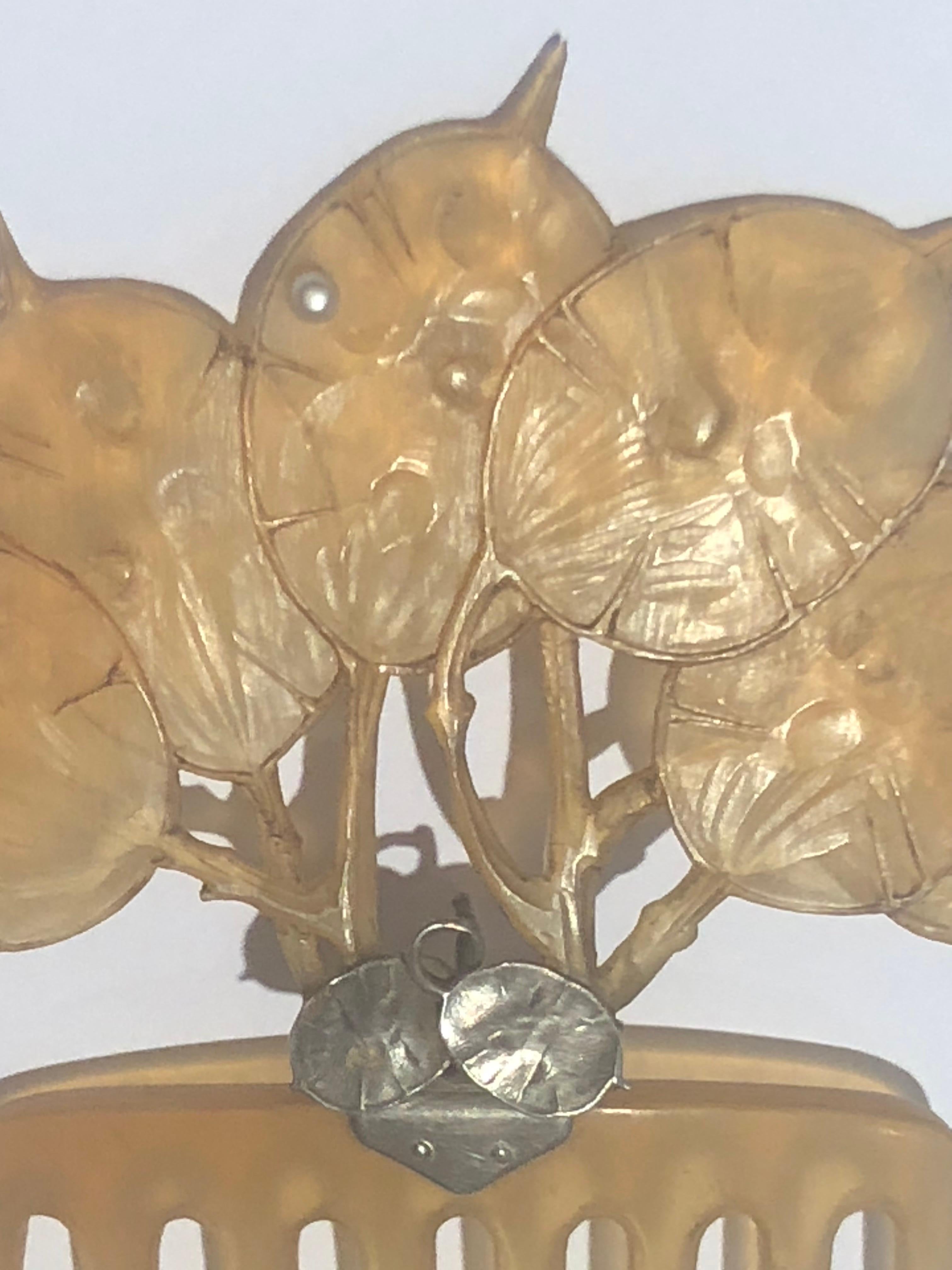 Art-Nouveau Horn & Pearl Hair Comb Monnaie du Pape Lucien Gaillard Peigne Corne 7