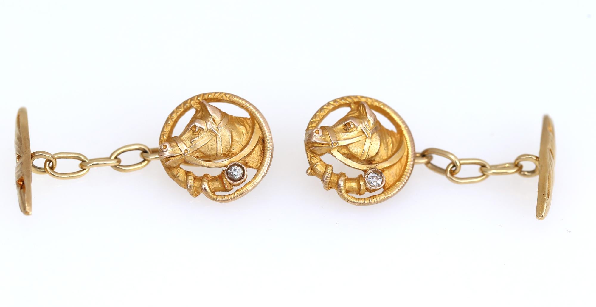 Cufflinks depicting a horse head in fine details. 18K Gold with small Diamonds. Art Nouveau, beginning of the 20th century.  Very delicate work
Perfect present for Fathers day.


Stamped: 18K C.F.C. 39
Weight: 10 gm
Length: 35mm  (1.1 inch)
