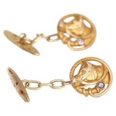 Art Nouveau Horse Cuff-Links Diamond 18 K Yellow Gold, Circa 1910