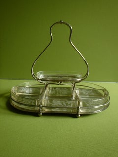Art Nouveau huge serving stand with crystal bowls with engraved flowers