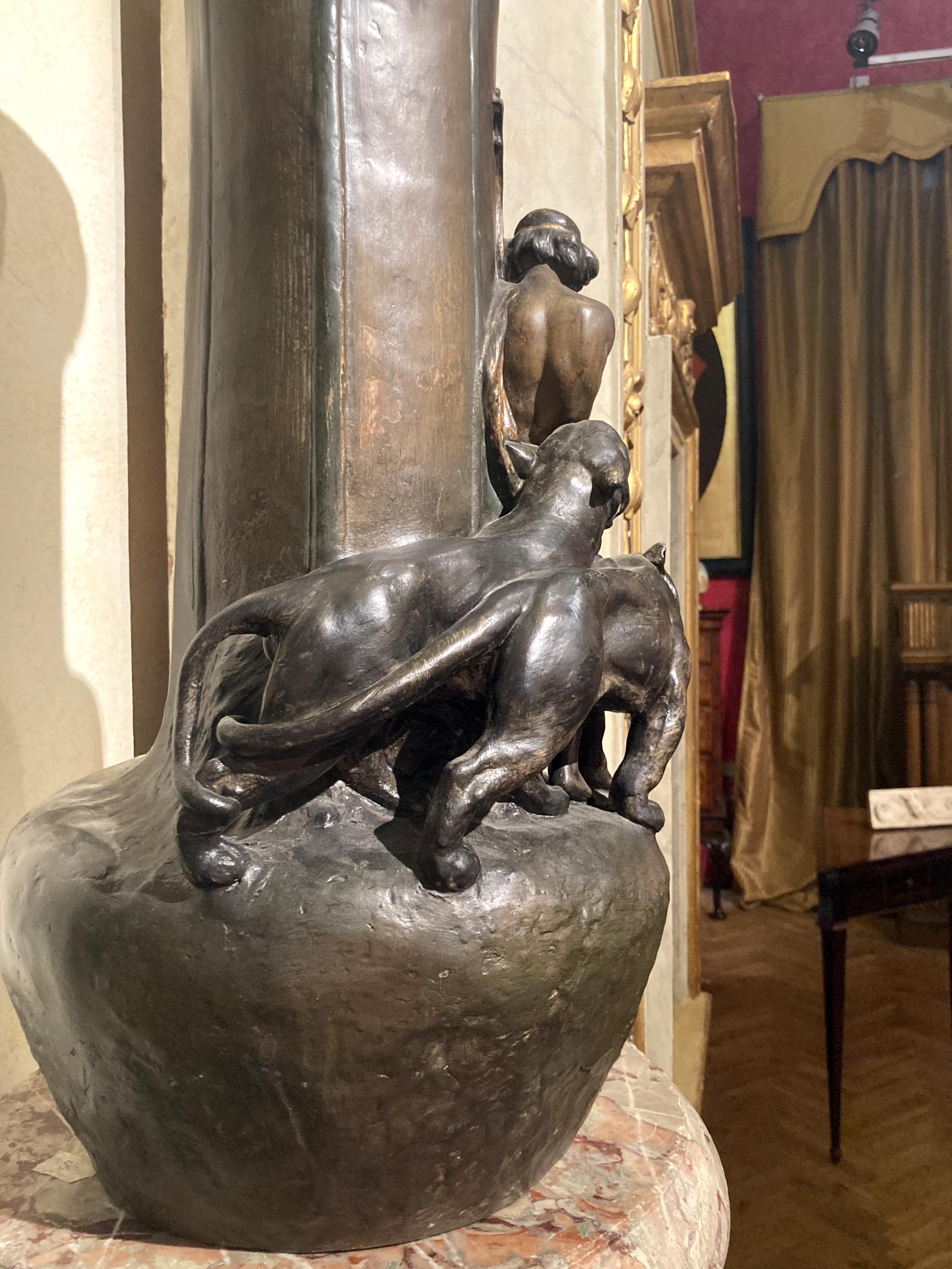 Art Nouveau Huge Vienna Hand Painted Terracotta Vase Orpheus with Lions For Sale 4