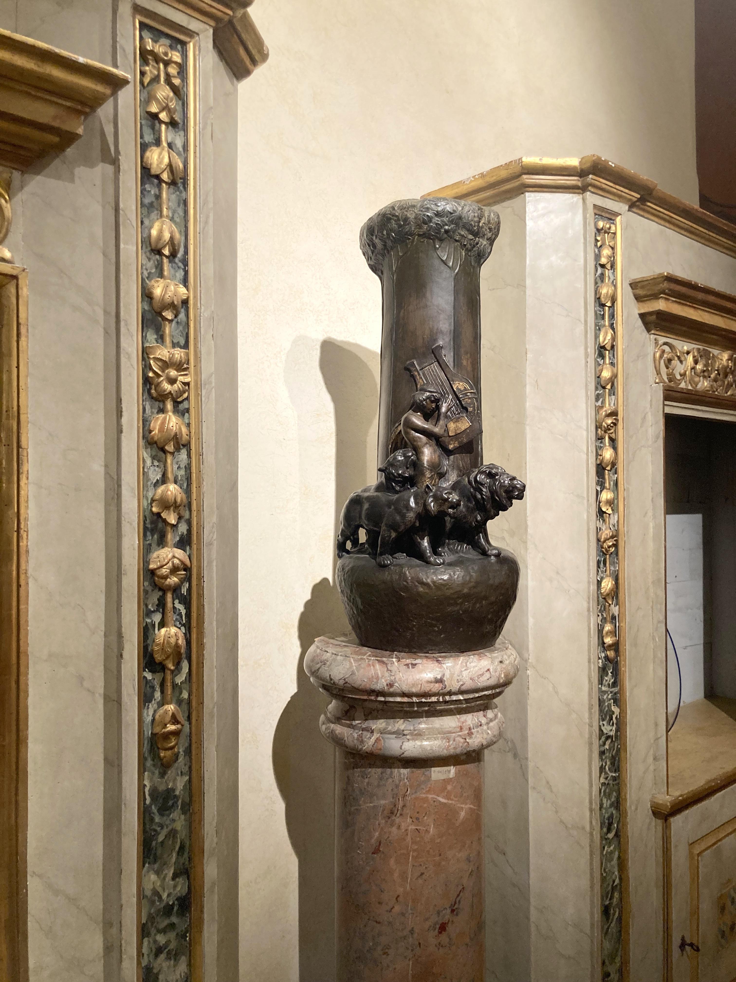 Art Nouveau Huge Vienna Hand Painted Terracotta Vase Orpheus with Lions For Sale 5