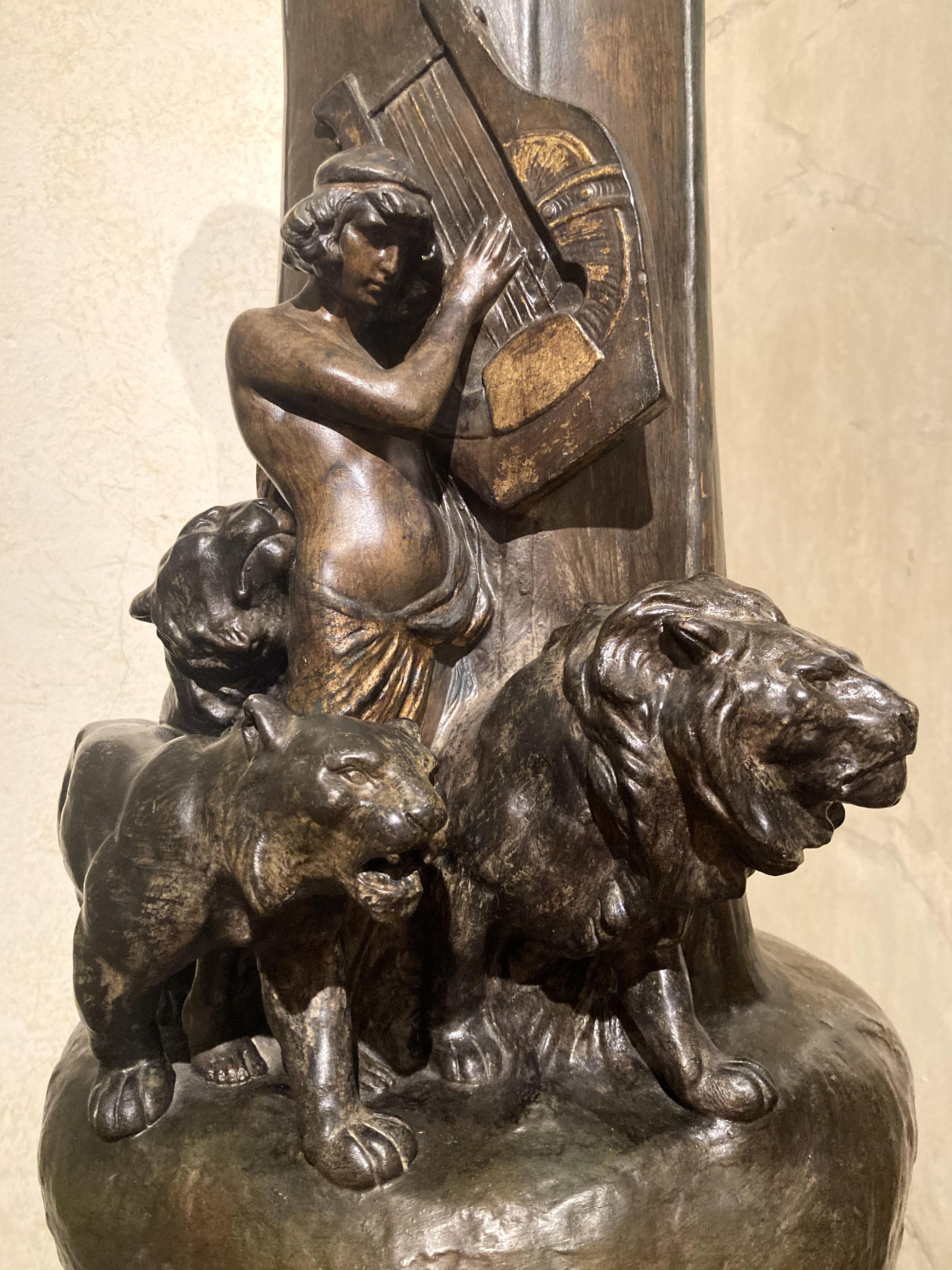Art Nouveau Huge Vienna Hand Painted Terracotta Vase Orpheus with Lions For Sale 10