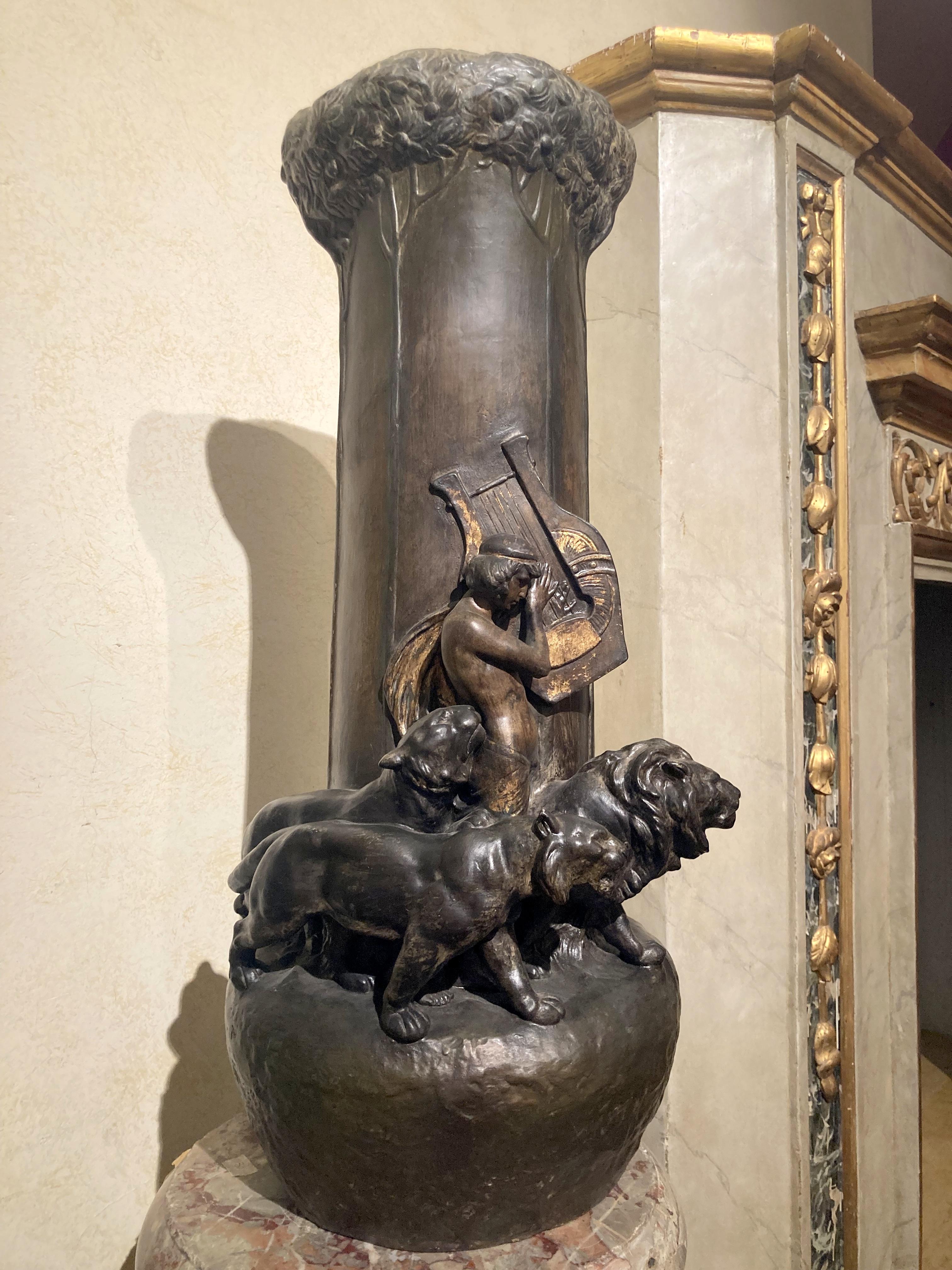 Art Nouveau Huge Vienna Hand Painted Terracotta Vase Orpheus with Lions For Sale 1