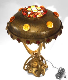 Art Nouveau Hungarian Jeweled Brass Table Lamp
