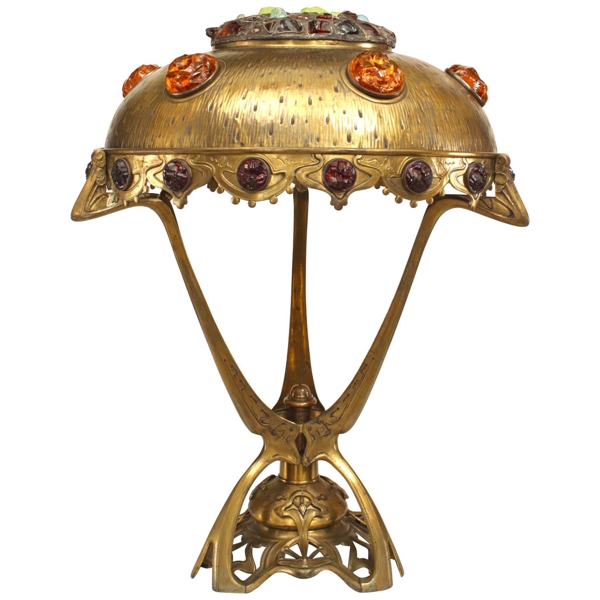 Art Nouveau Hungarian Jeweled Brass Table Lamp For Sale