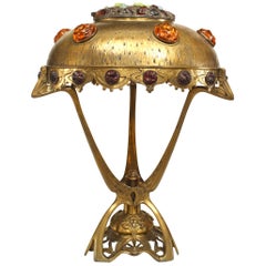 Antique Art Nouveau Hungarian Jeweled Brass Table Lamp