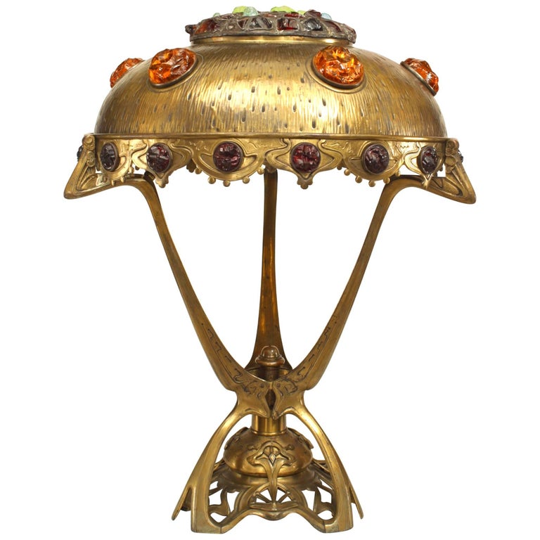 Art Nouveau Hungarian Jeweled Brass, Glass Gem Table Lamp Antique Brass