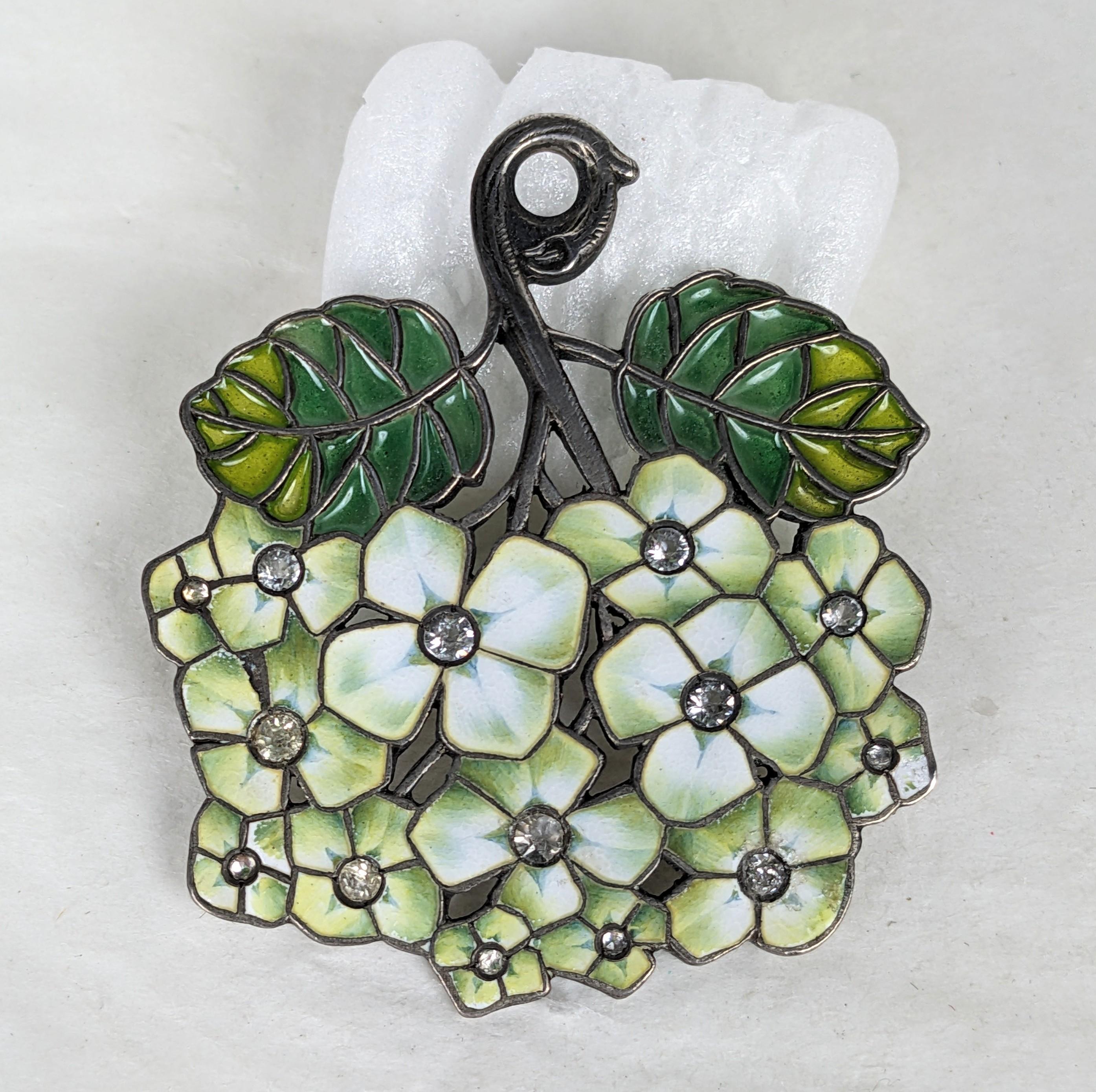 Art Nouveau Hydrangea Plique a Jour Pendant set in silver with hand painted hard enamel florals and plique a jour leaves. Realistically modeled silver branch with a enamel bloom below. Likely of German manufacture circa 1900 of silver. Approx 2
