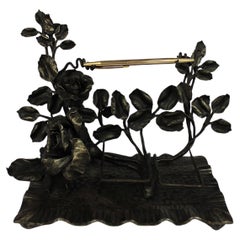 Antique Art Nouveau Ink Stationary stand Forged Iron Roses Signed Verlinden Belgium