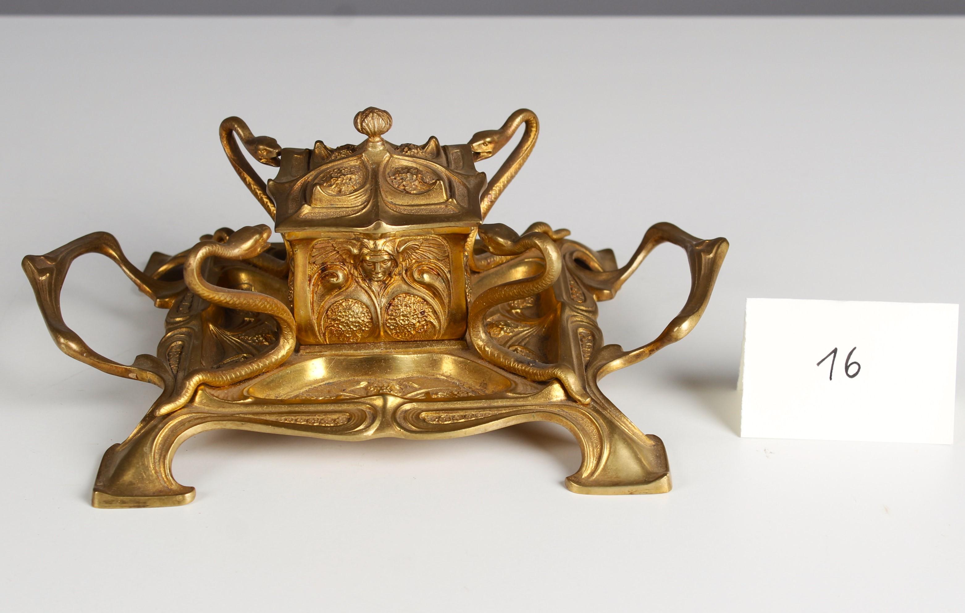 Art Nouveau Inkwell With Snakes, Bronze Doré, France, 1900s 3