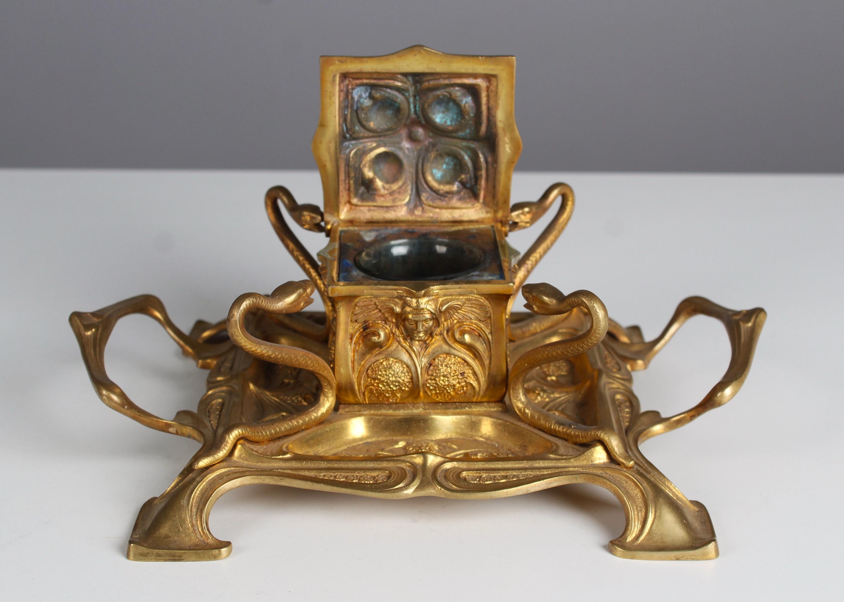 20th Century Art Nouveau Inkwell With Snakes, Bronze Doré, France, 1900s
