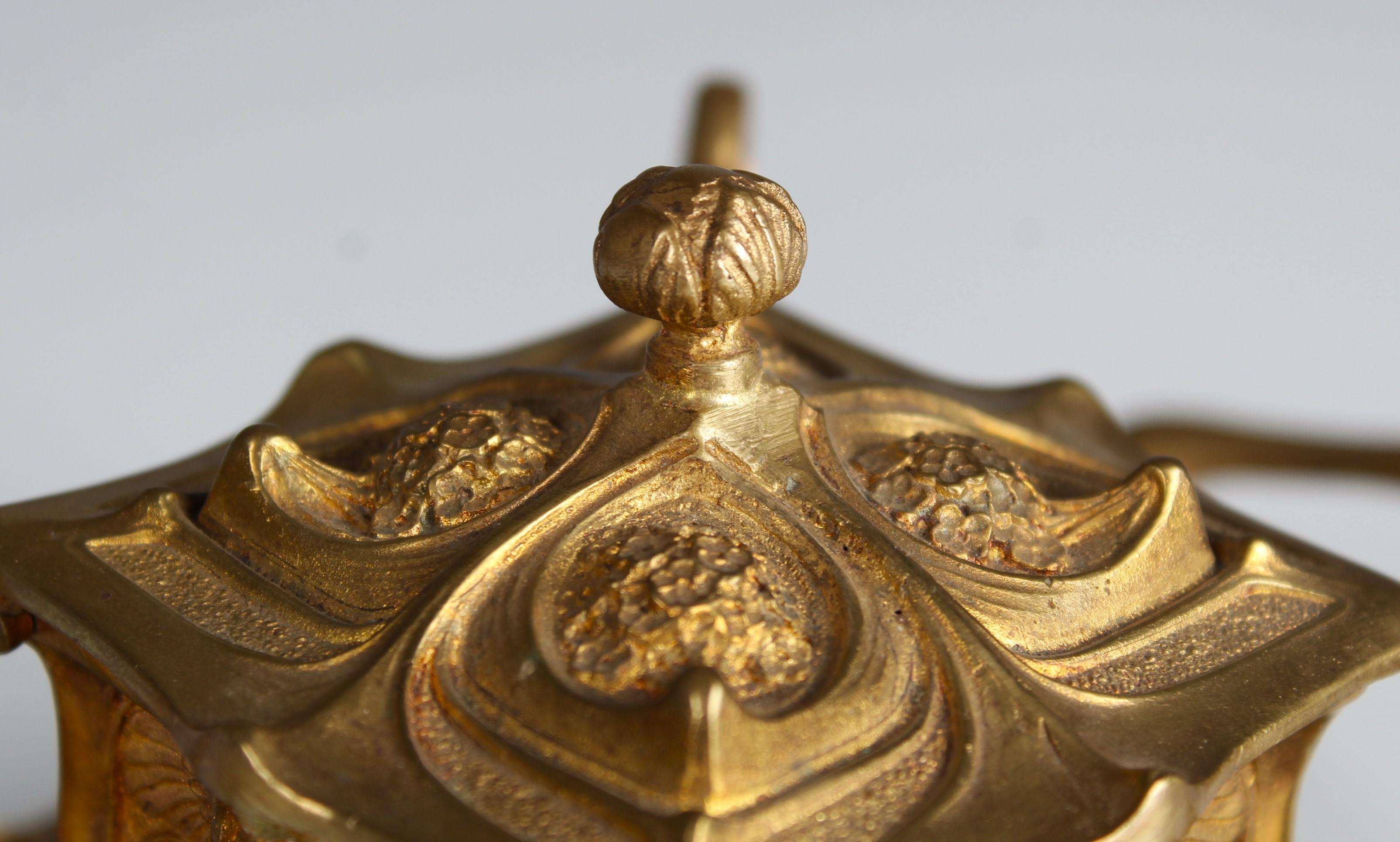 Brass Art Nouveau Inkwell With Snakes, Bronze Doré, France, 1900s