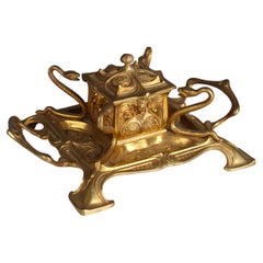 Art Nouveau Inkwell With Snakes, Bronze Doré, France, 1900s