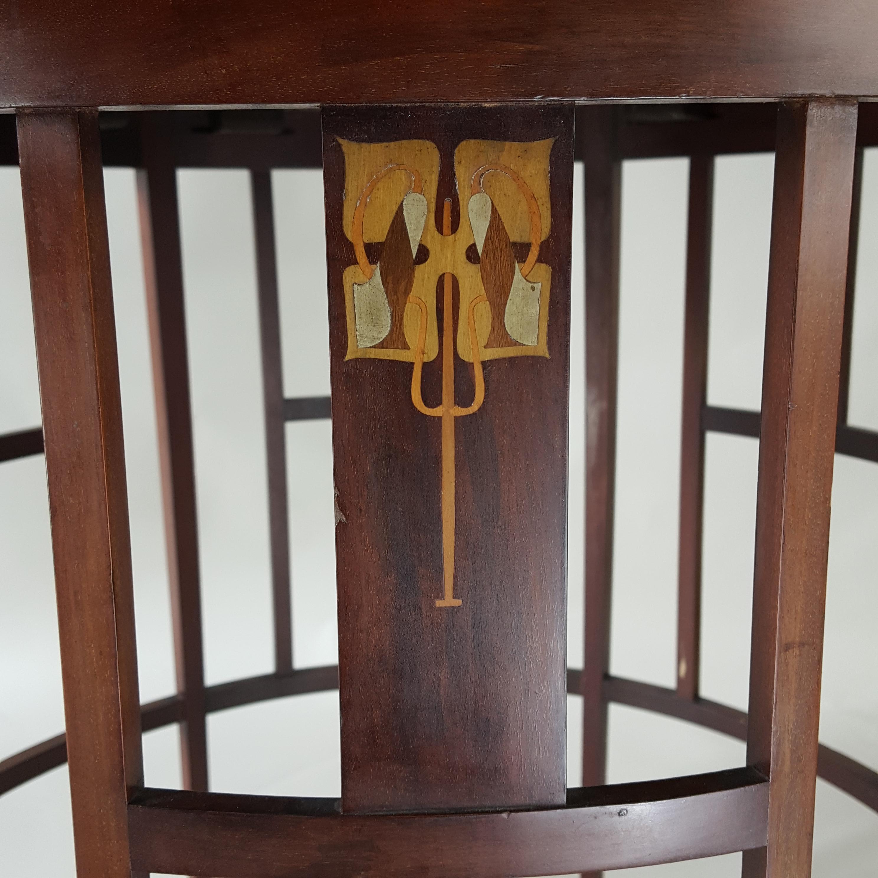 British Art Nouveau inlaid mahogany centre table  attributed to J S Henry For Sale