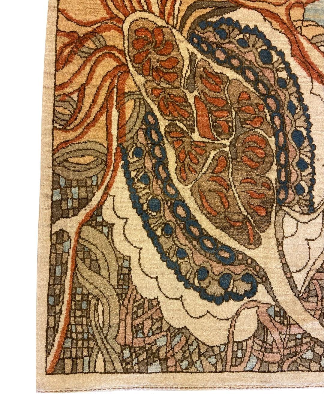 Alfombra persa de lana azul, crema, marrón, rosa y roja, 3' x 5', inspirada en el Art Nouveau Persa en venta