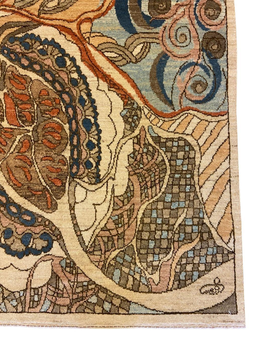Alfombra persa de lana azul, crema, marrón, rosa y roja, 3' x 5', inspirada en el Art Nouveau en Nuevo estado para la venta en New York, NY