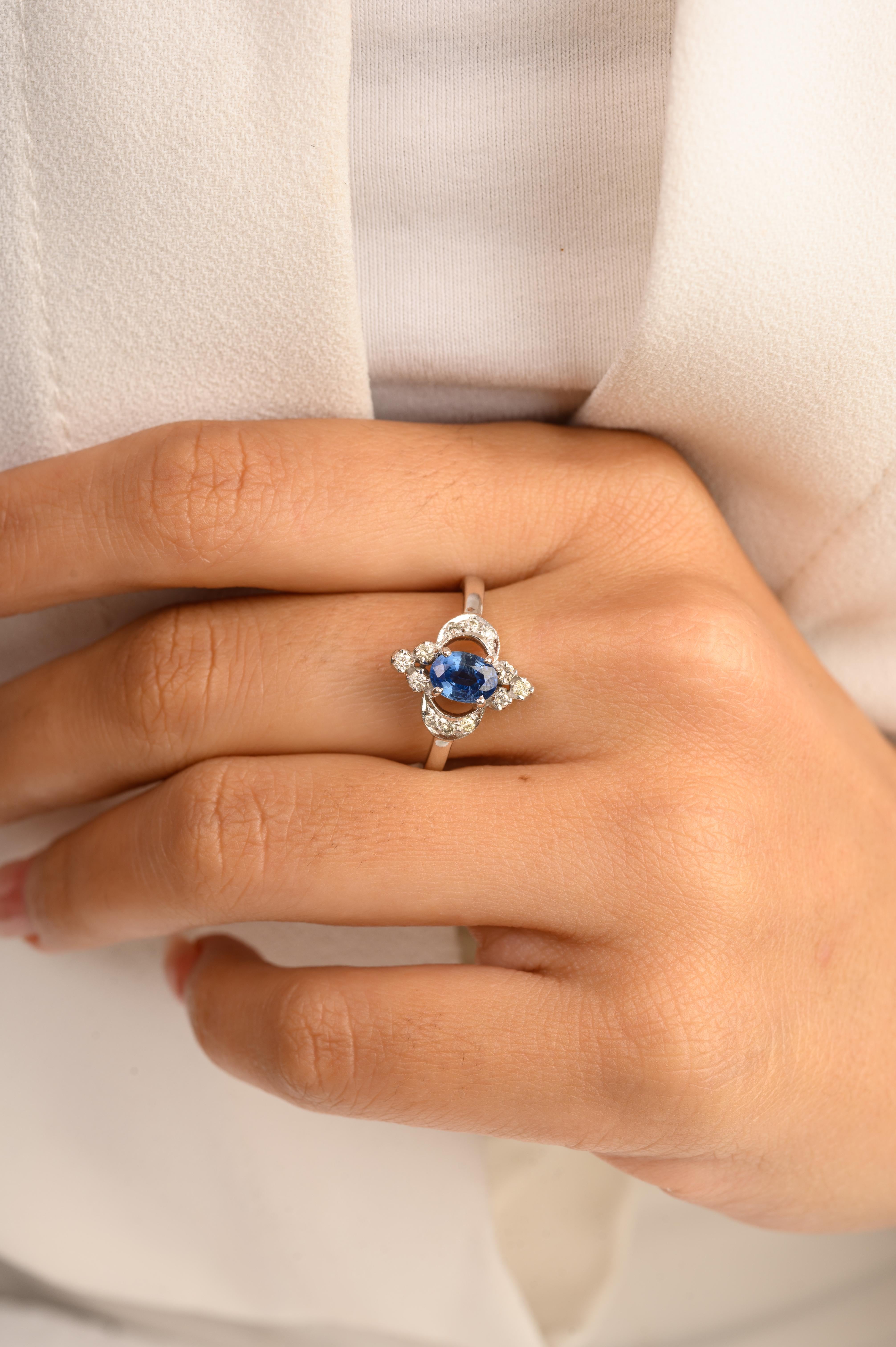 For Sale:  Art Nouveau Inspired Blue Sapphire and Diamond Wedding Ring in 14k White Gold 2