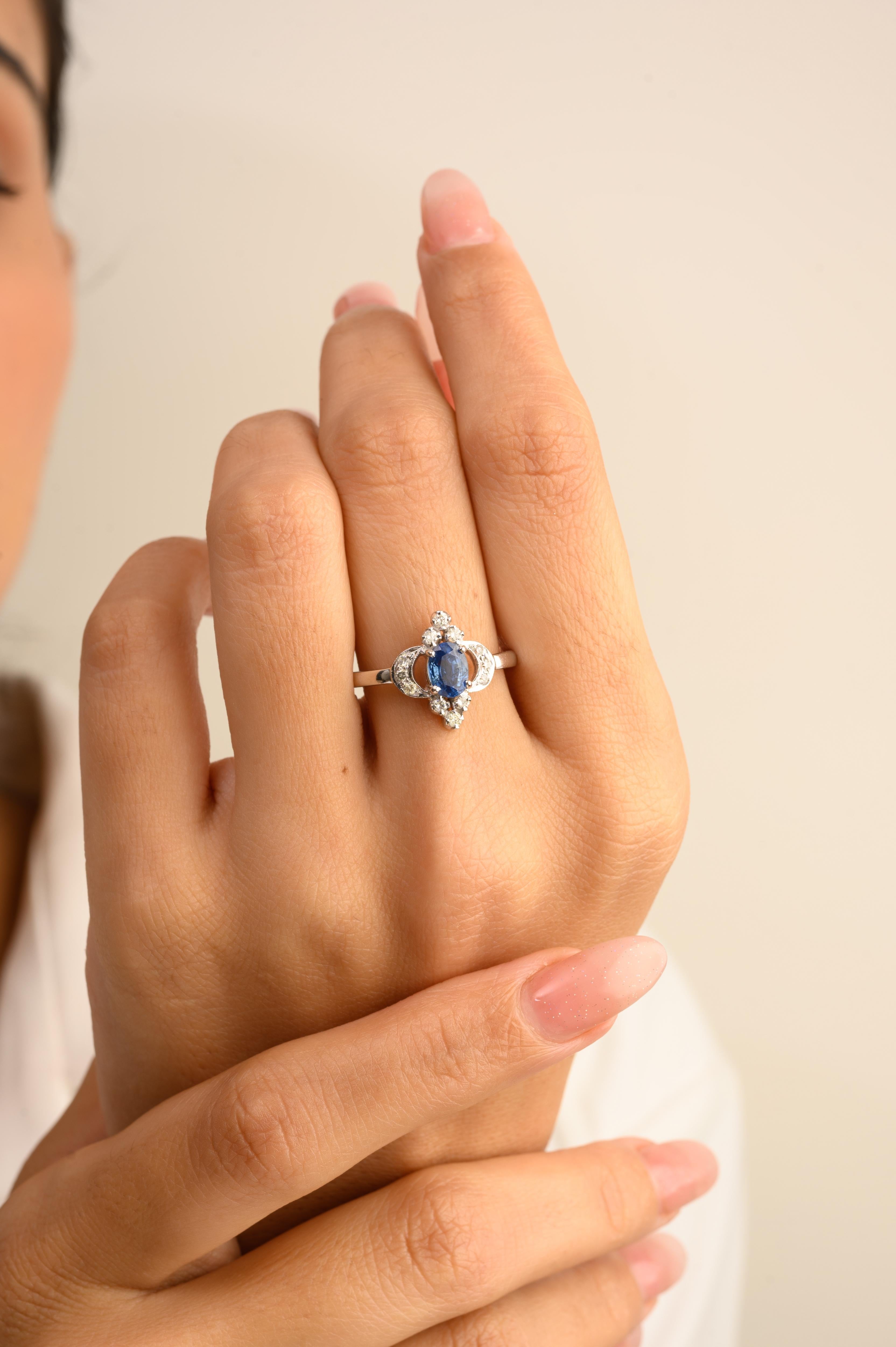 For Sale:  Art Nouveau Inspired Blue Sapphire and Diamond Wedding Ring in 14k White Gold 4