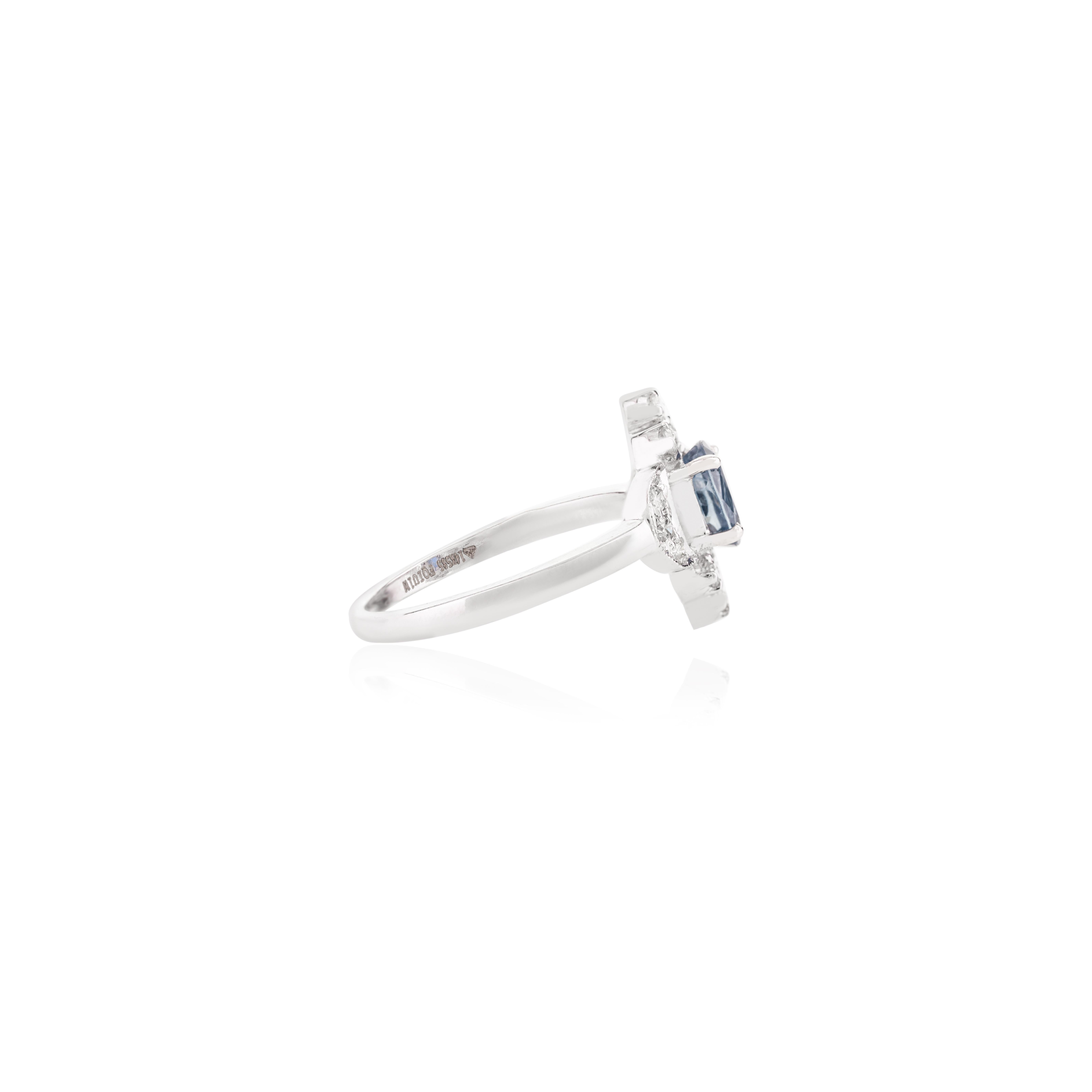 For Sale:  Art Nouveau Inspired Blue Sapphire and Diamond Wedding Ring in 14k White Gold 7