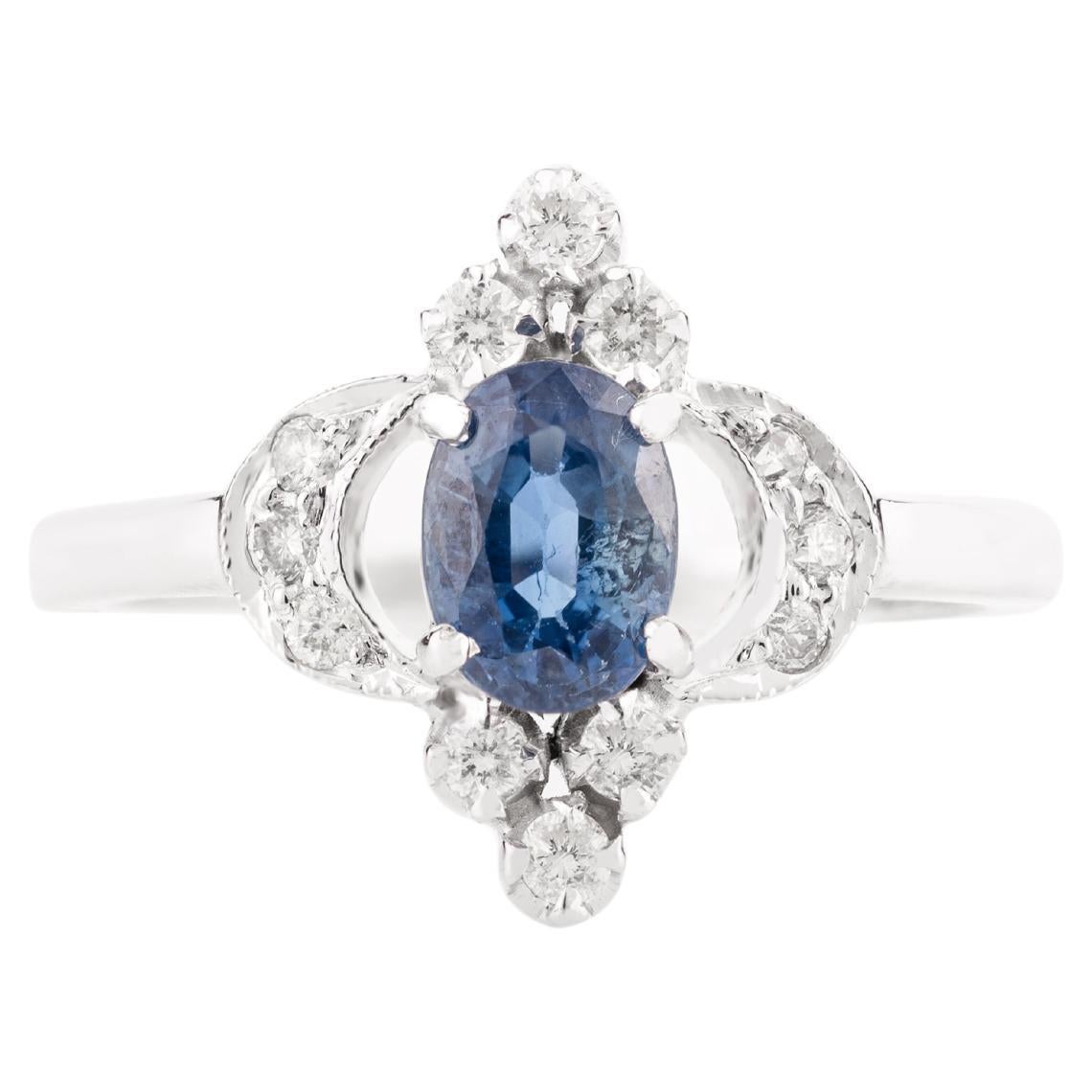 For Sale:  Art Nouveau Inspired Blue Sapphire and Diamond Wedding Ring in 14k White Gold