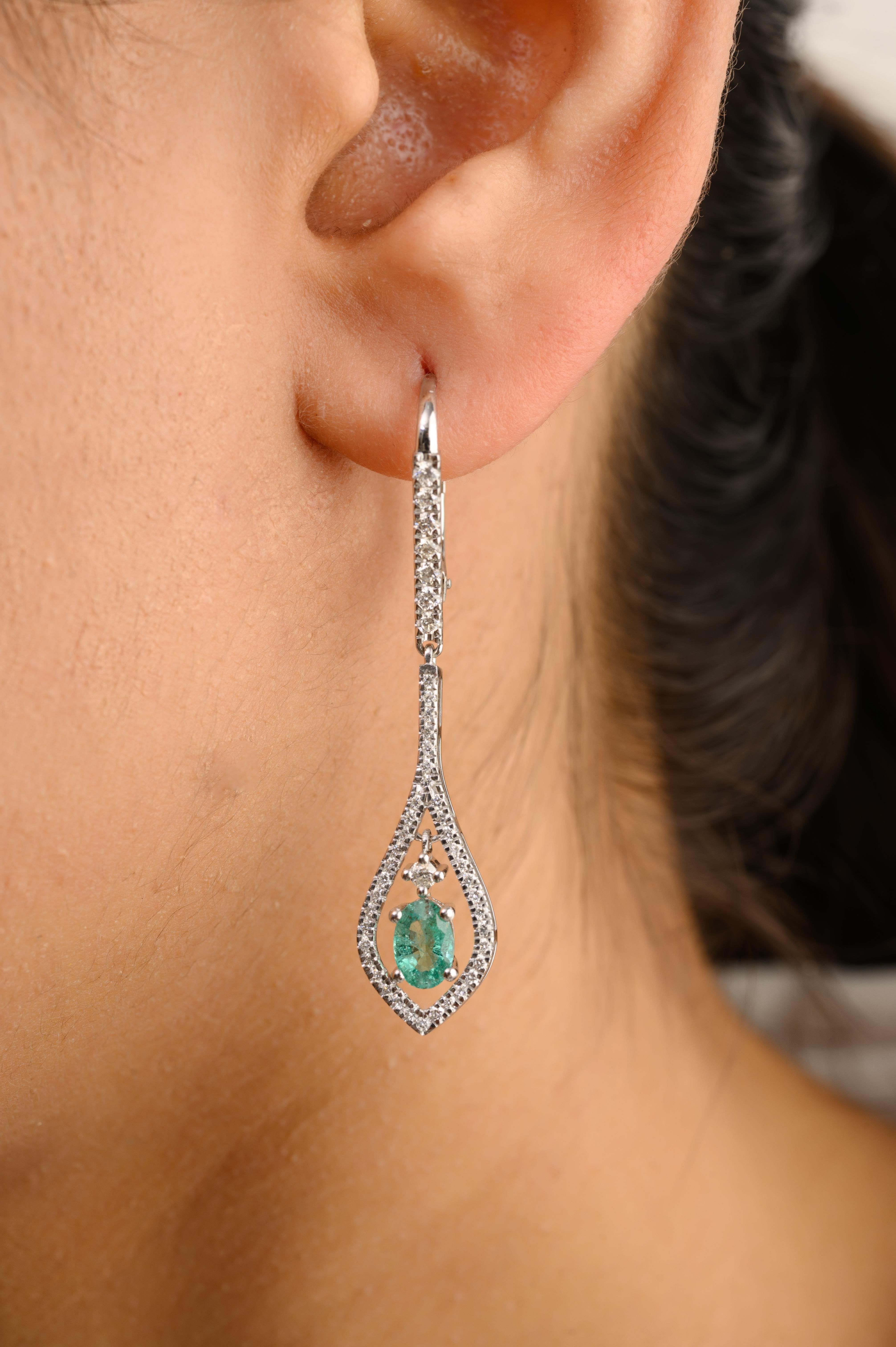Oval Cut Art Nouveau Style Emerald Diamond Dangle Drop Earrings in 14k White Gold For Sale