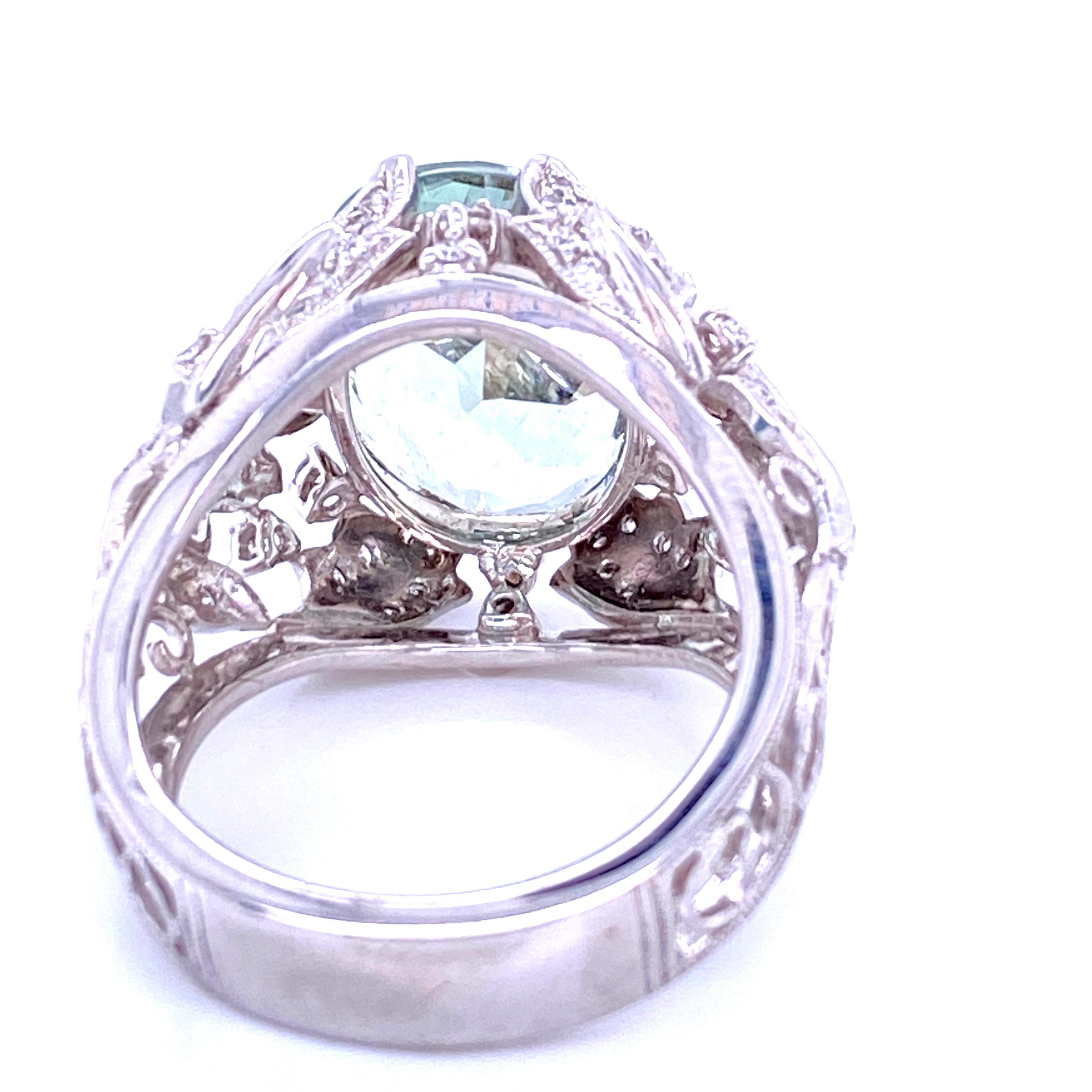 Oval Cut Art Nouveau Inspired Green Quartz and Diamond Ring