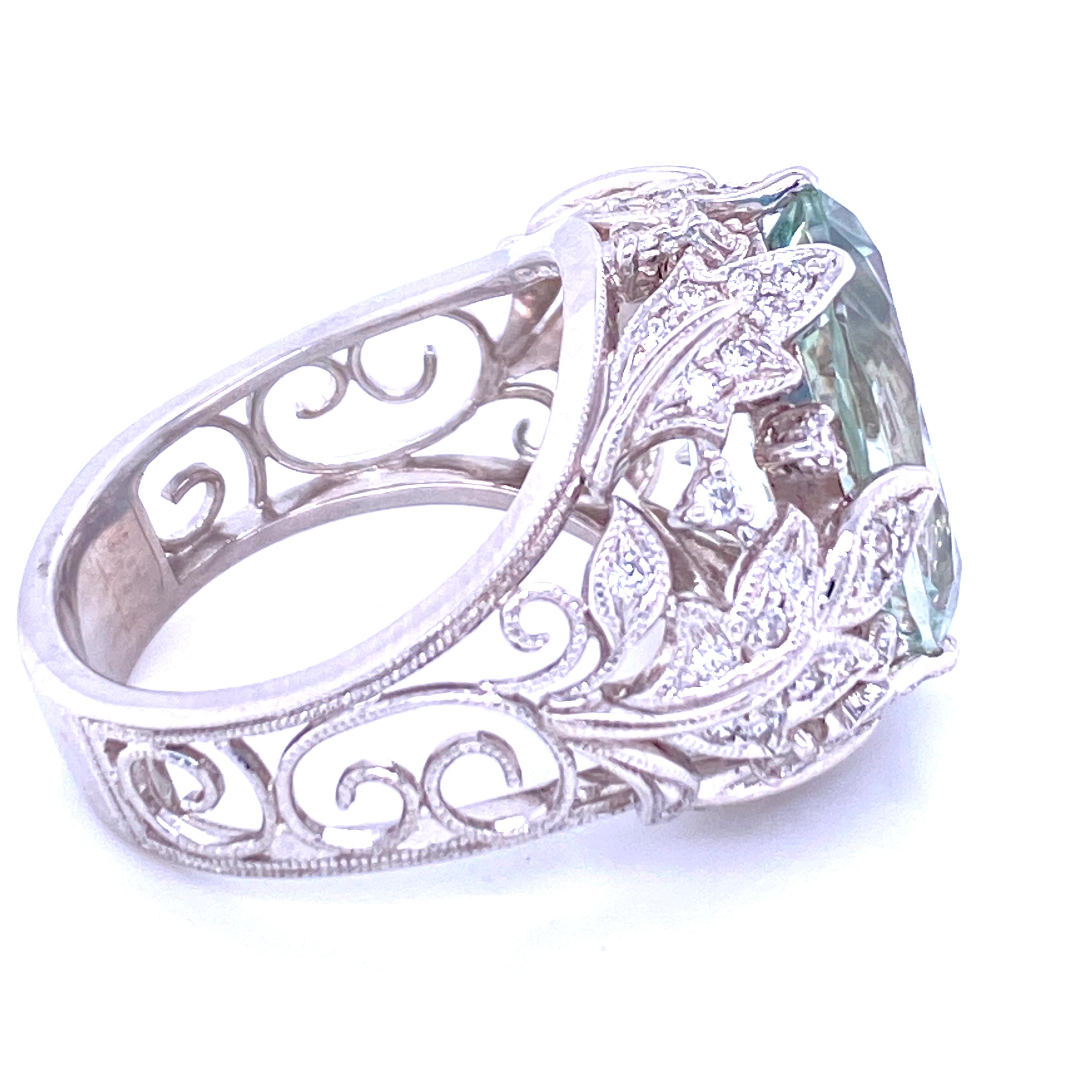 Art Nouveau Inspired Green Quartz and Diamond Ring In Good Condition In Towson, MD