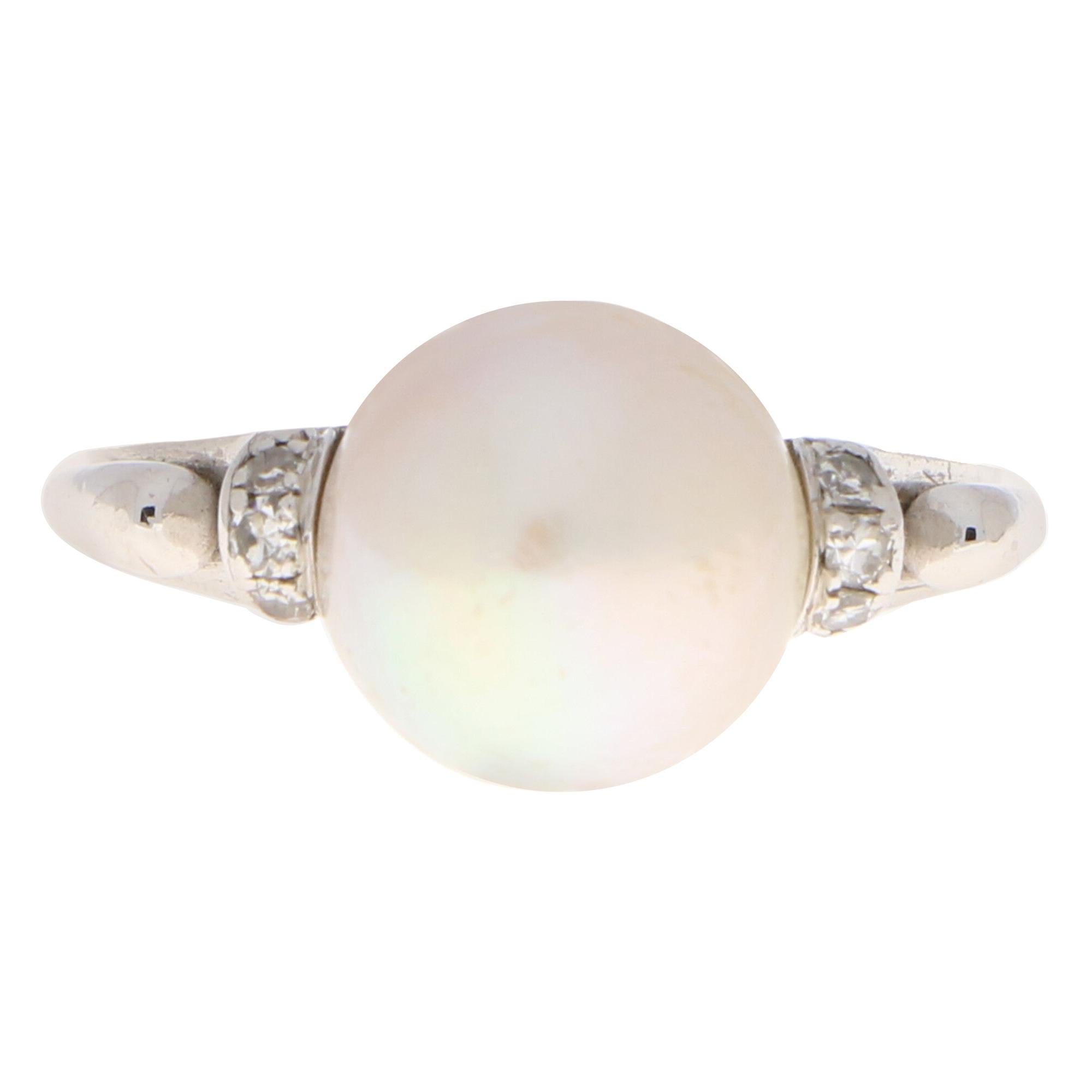 Natural Pearl and Diamond Ring Set in 14 Karat White Gold