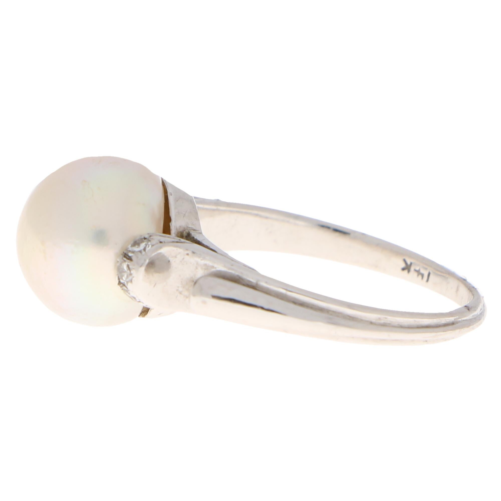 Women's or Men's Natural Pearl and Diamond Ring Set in 14 Karat White Gold