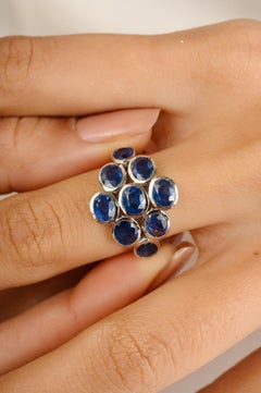 Art Nouveau Inspired Oval Cut Blue Sapphire Cluster Ring Made in 18k White Gold