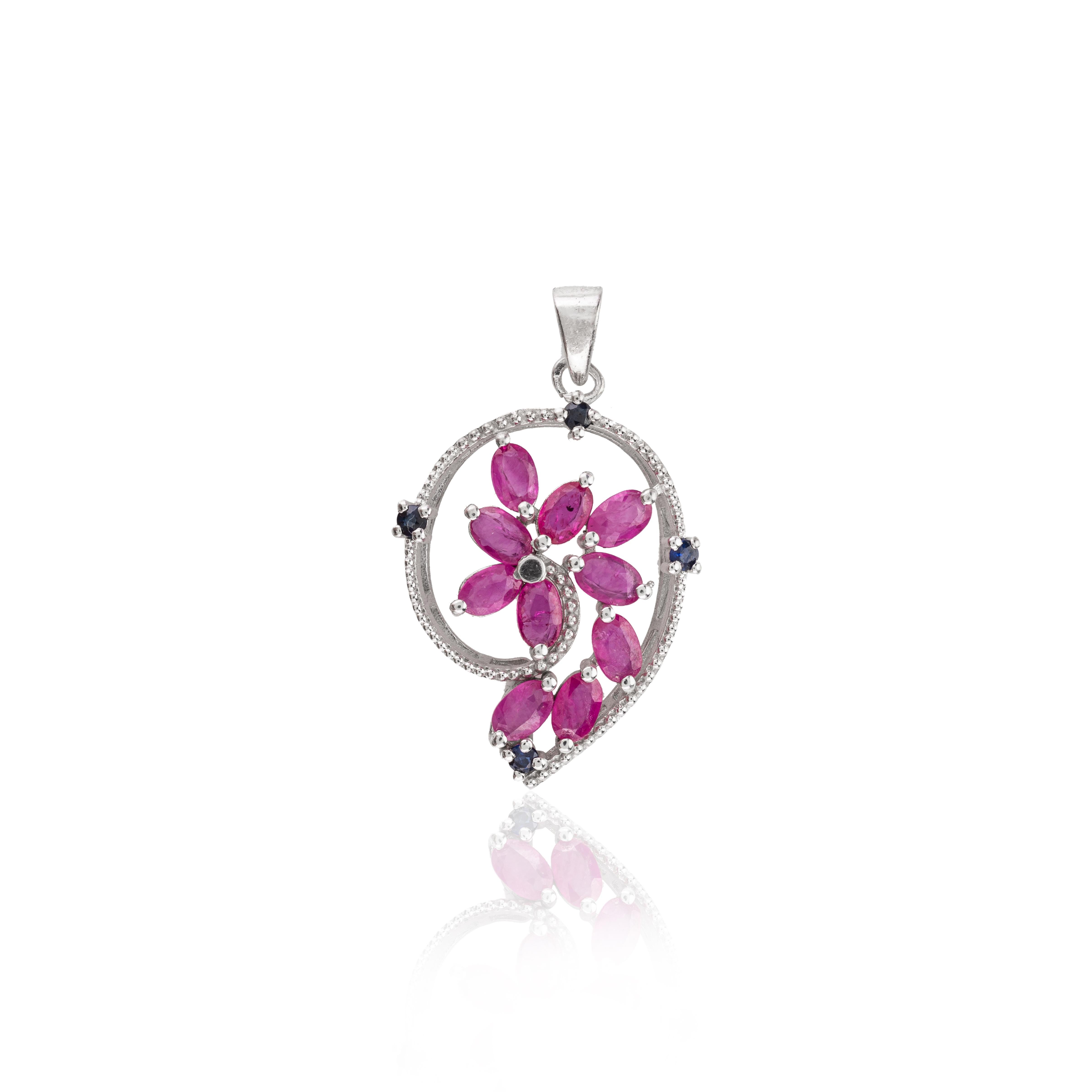 Mixed Cut Art Nouveau Inspired Ruby and Sapphire Pendant in .925 Sterling Silver for Her For Sale