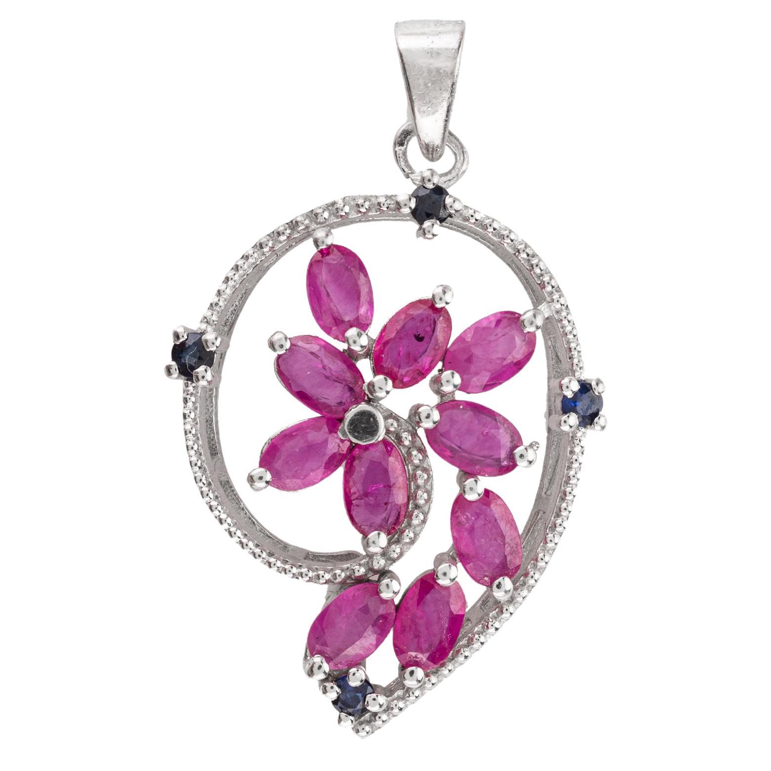 Art Nouveau Inspired Ruby and Sapphire Pendant in .925 Sterling Silver for Her For Sale