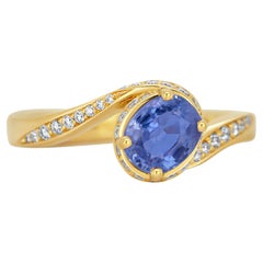 Anillo solitario de zafiro de oro de 18 quilates inspirado en el Art Nouveau - Zafiro azul de Sri Lanka