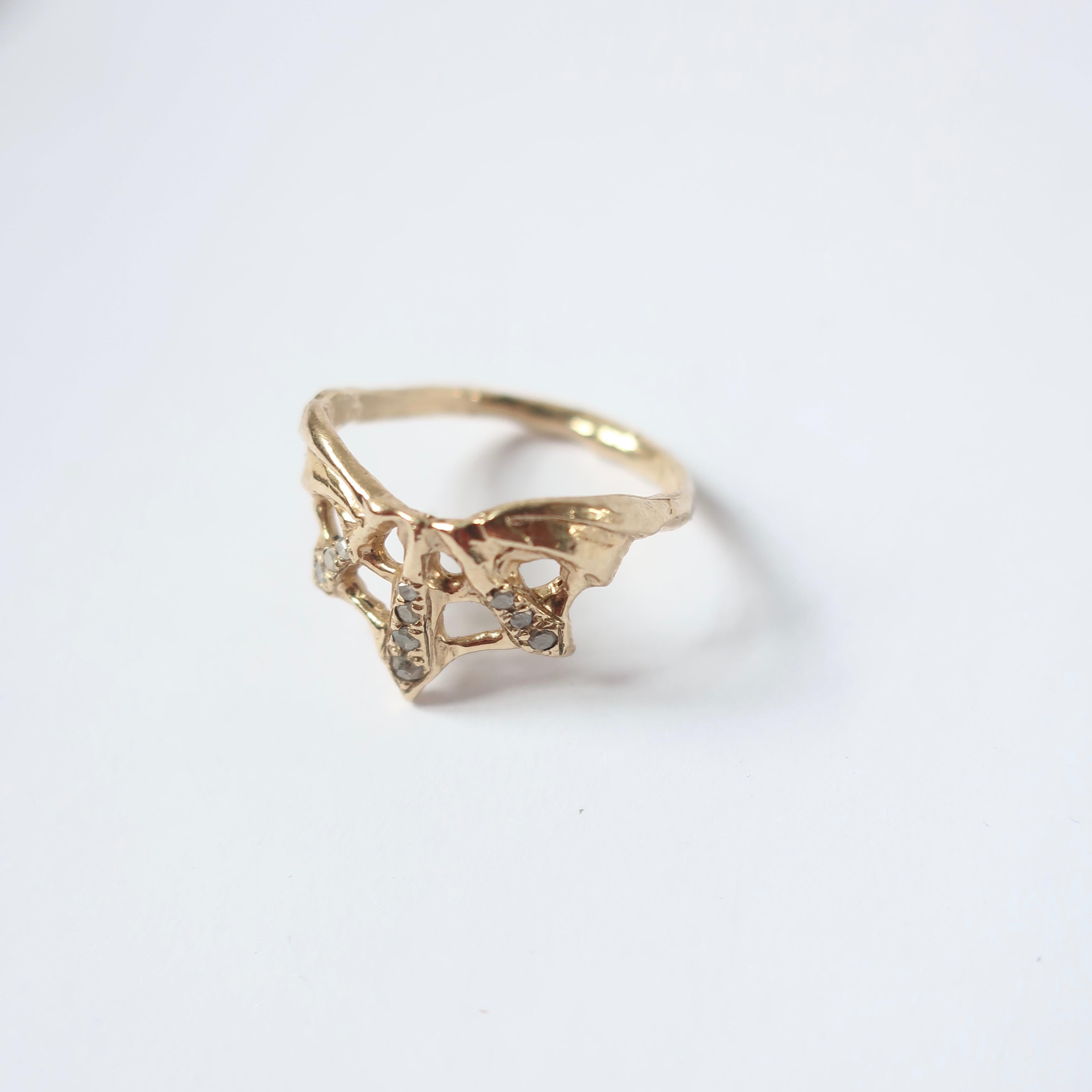 Women's or Men's Art Nouveau Inspired Web Ring in 14 Karat Gold with Diamonds For Sale