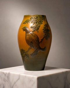 Art Nouveau Ipsen - Danish Stoneware Vase with Bird & Oak Branch Relief 1920's