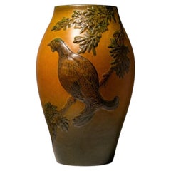 Art Nouveau Ipsen - Danish Stoneware Vase with Bird & Oak Branch Relief 1920's