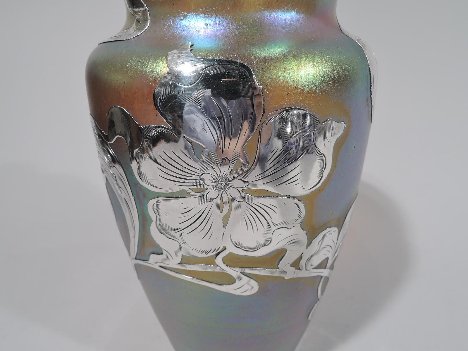 Art Nouveau Iridescent and Silver Overlay Glass Vase by Historic Loetz In Excellent Condition In New York, NY