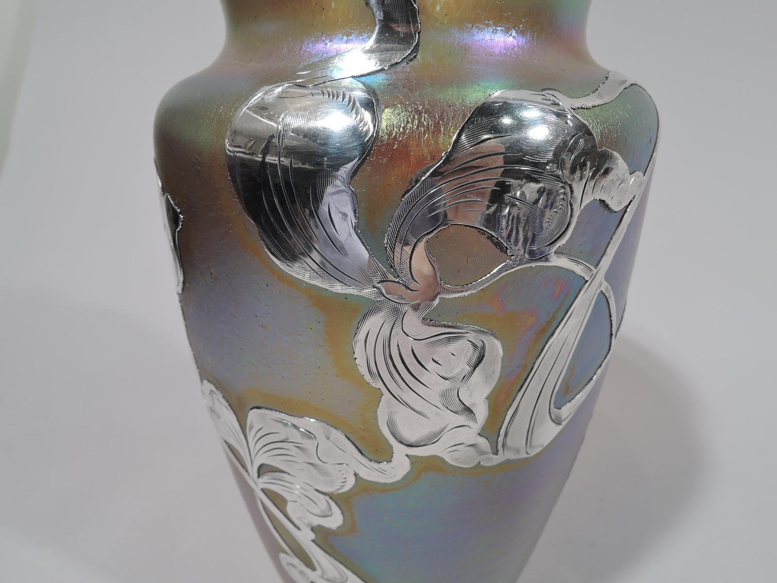 20th Century Art Nouveau Iridescent and Silver Overlay Glass Vase by Historic Loetz