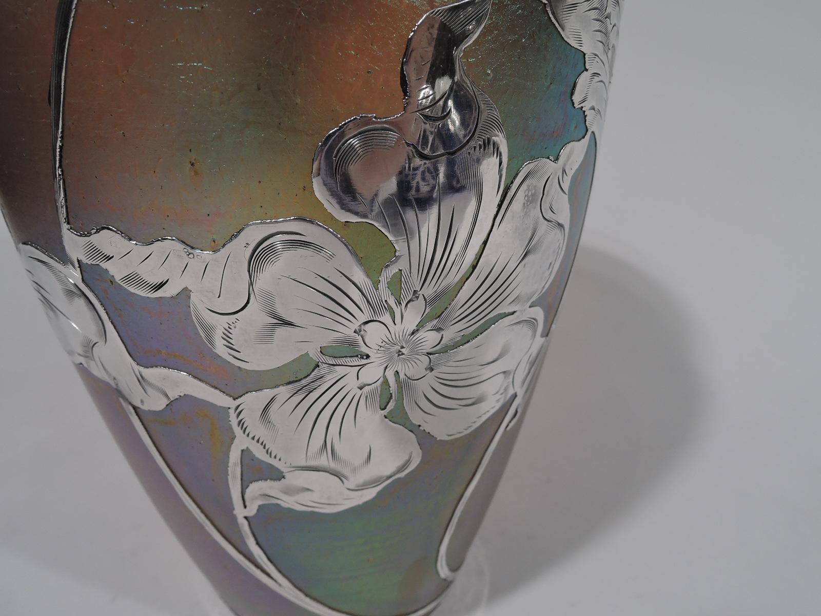 Art Nouveau Iridescent and Silver Overlay Glass Vase by Historic Loetz 1