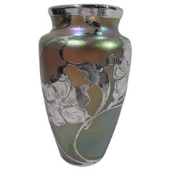 Art Nouveau Iridescent and Silver Overlay Glass Vase by Historic Loetz