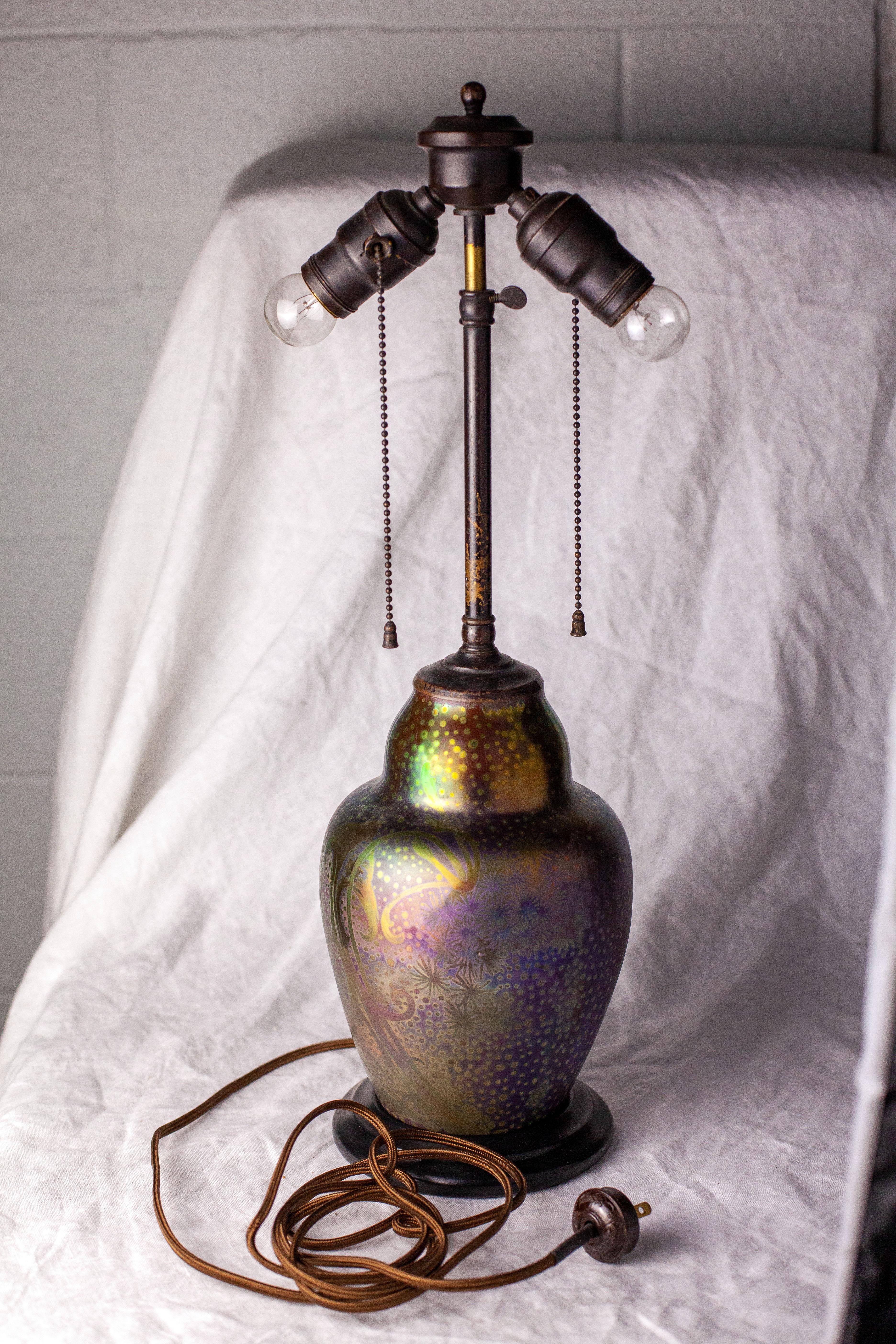 Art Nouveau Iridescent Earthenware Weller Sicard Lamp Base For Sale 2
