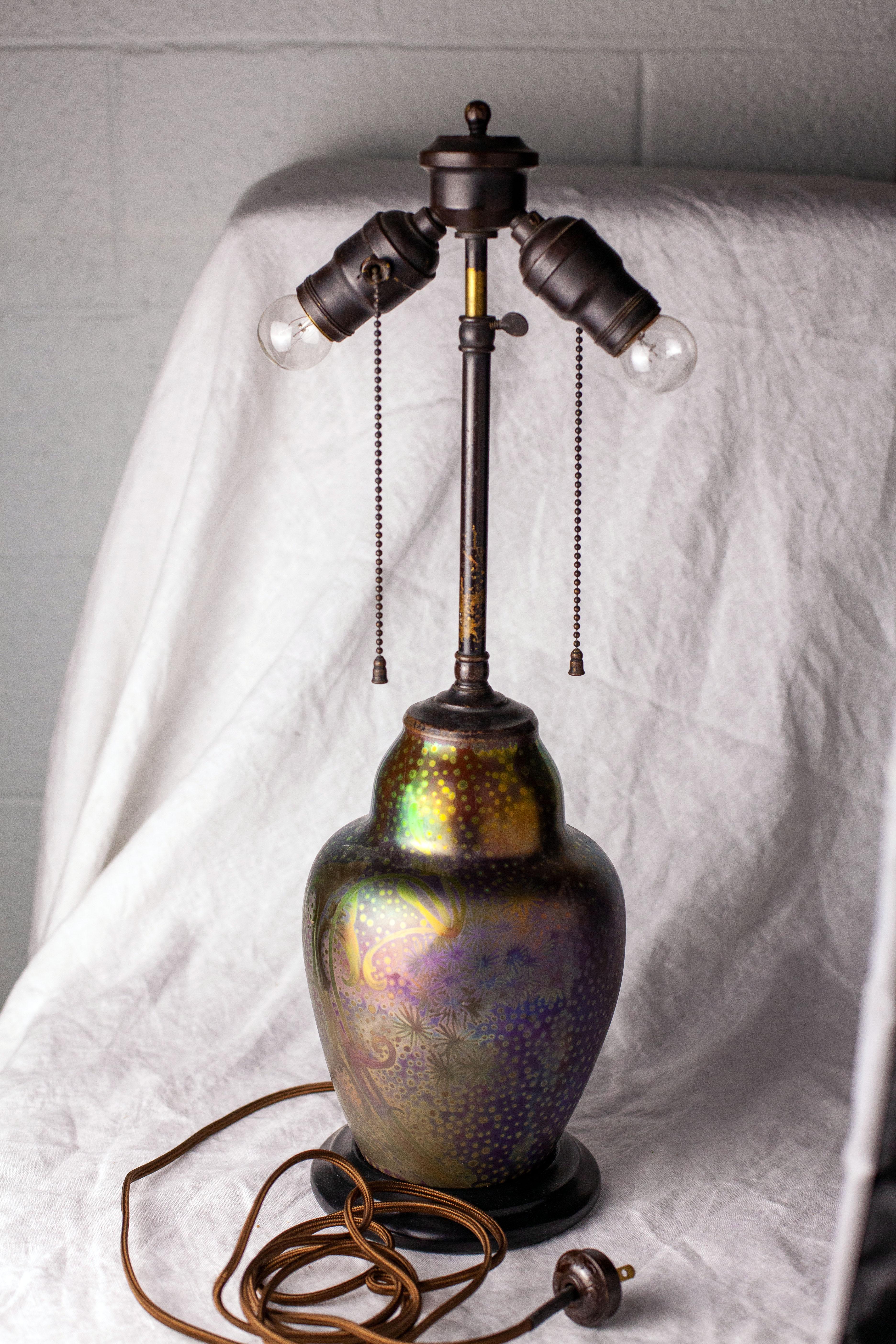 Art Nouveau Iridescent Earthenware Weller Sicard Lamp Base For Sale 3