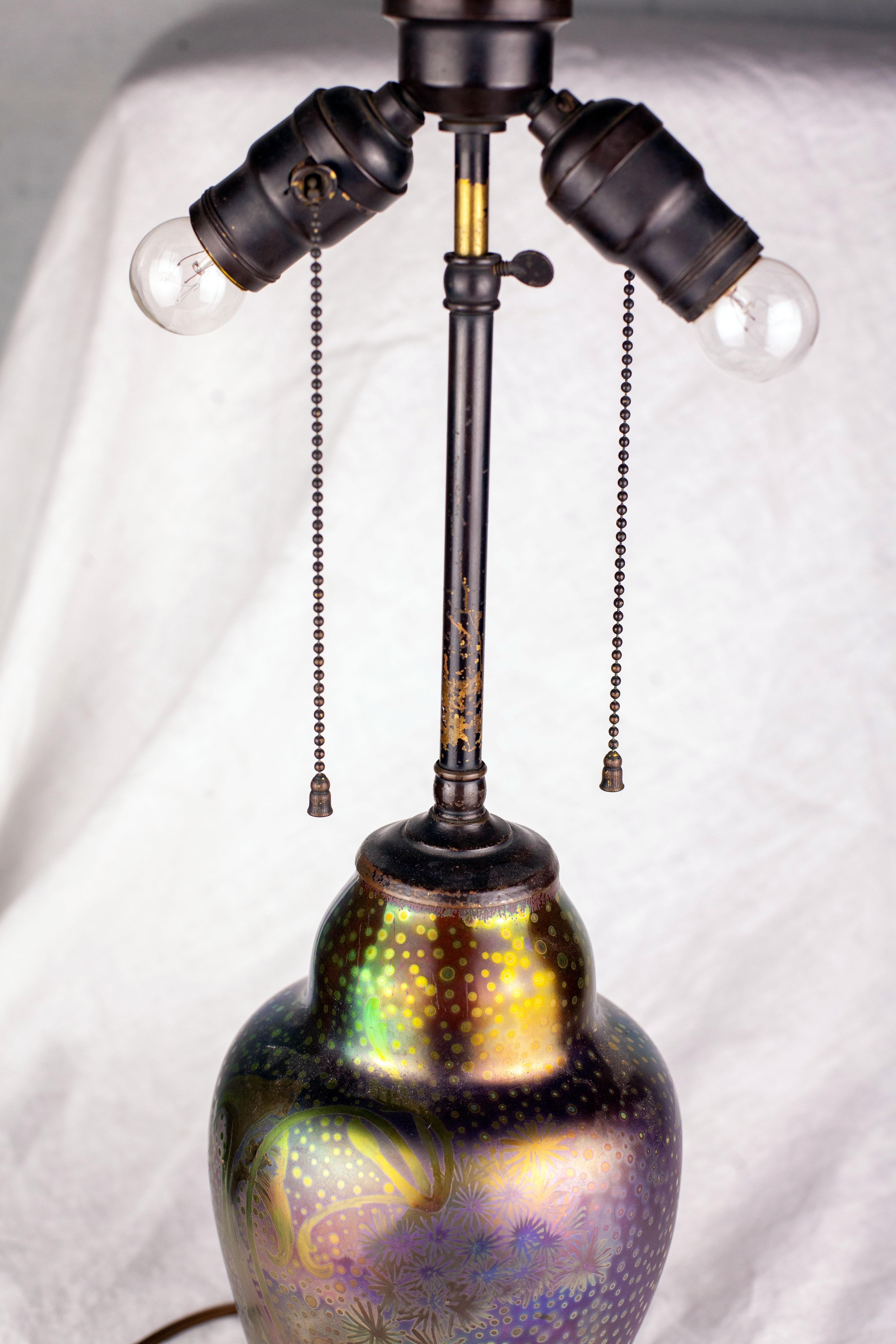 Art Nouveau Iridescent Earthenware Weller Sicard Lamp Base For Sale 5