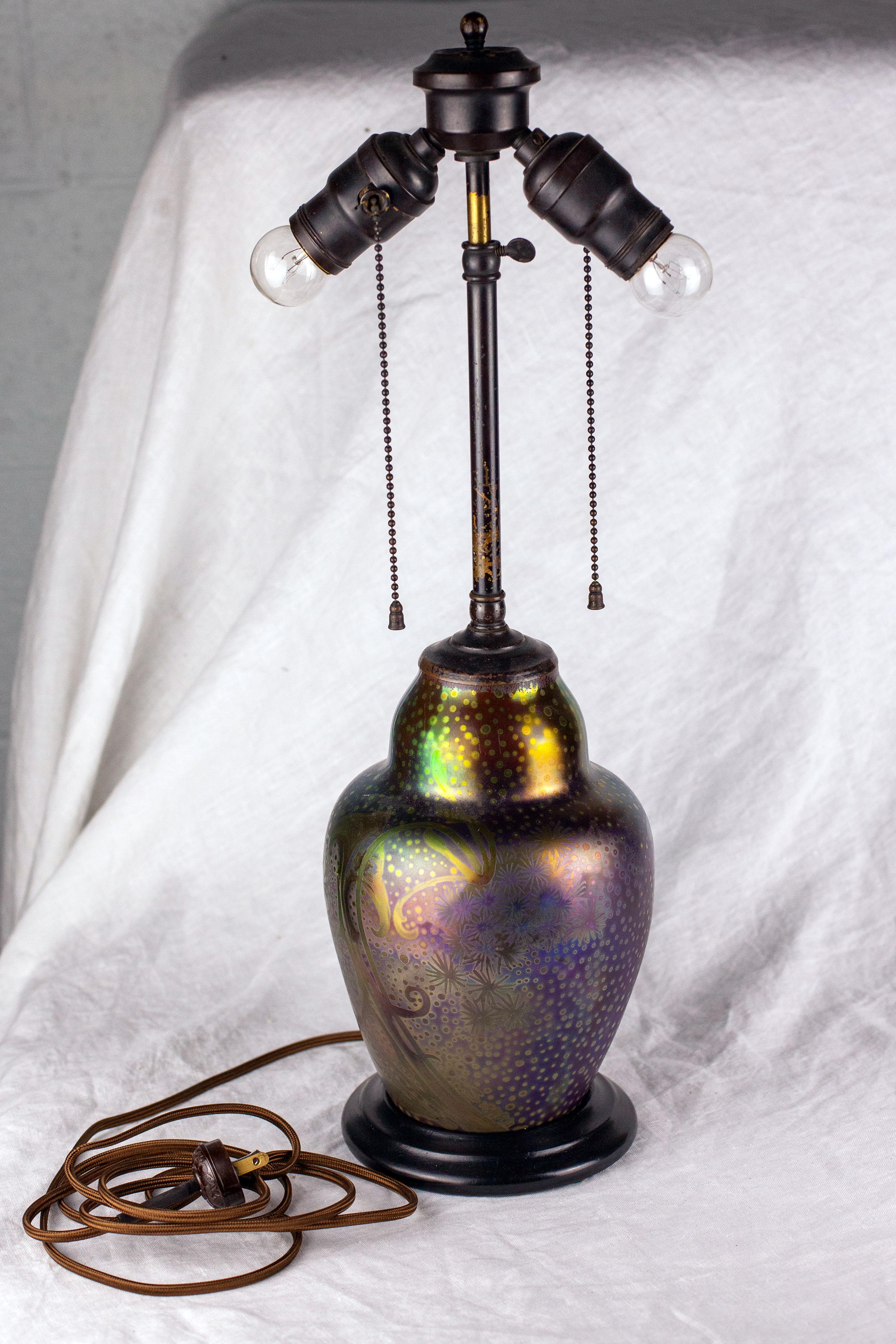 American Art Nouveau Iridescent Earthenware Weller Sicard Lamp Base For Sale