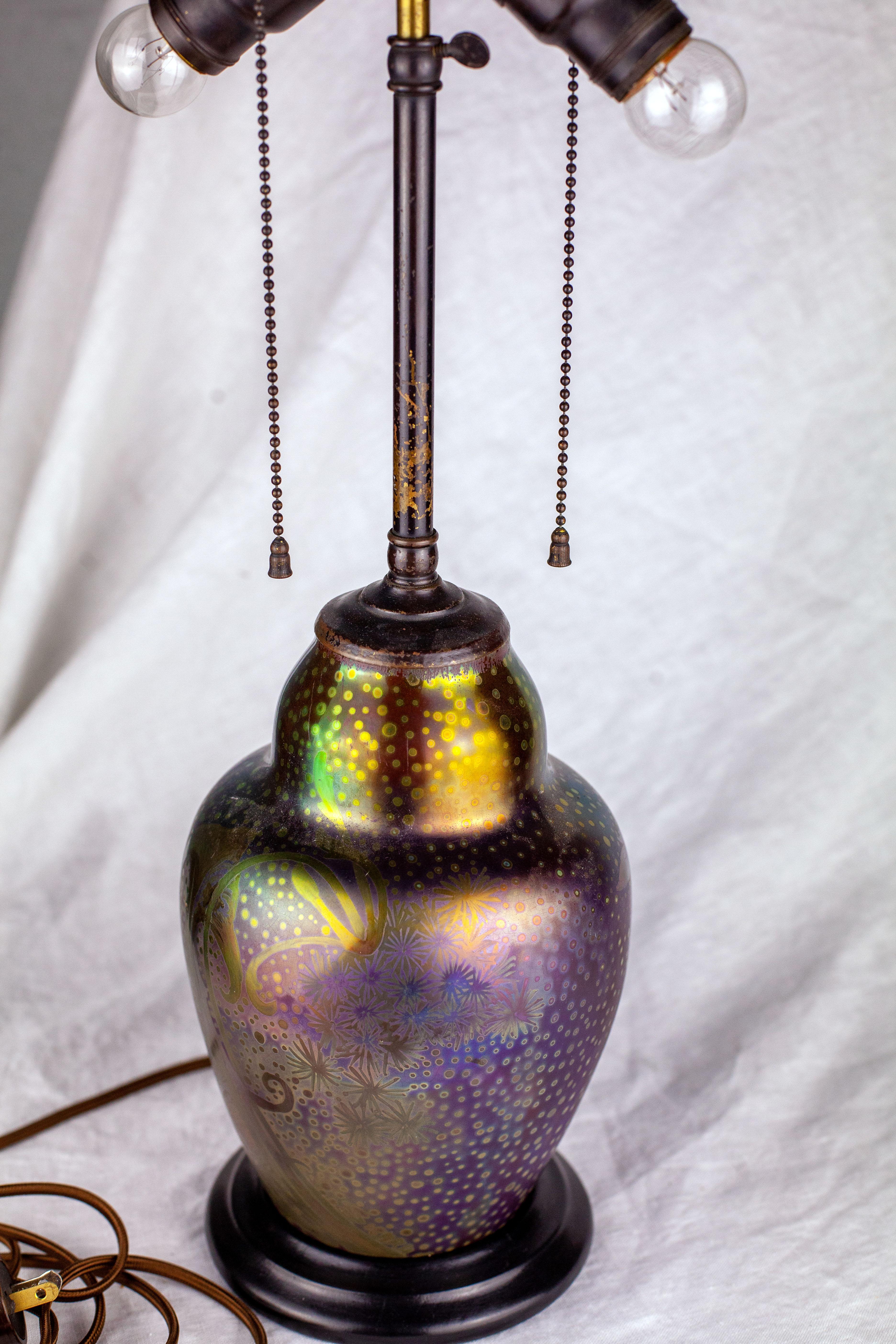Glazed Art Nouveau Iridescent Earthenware Weller Sicard Lamp Base For Sale