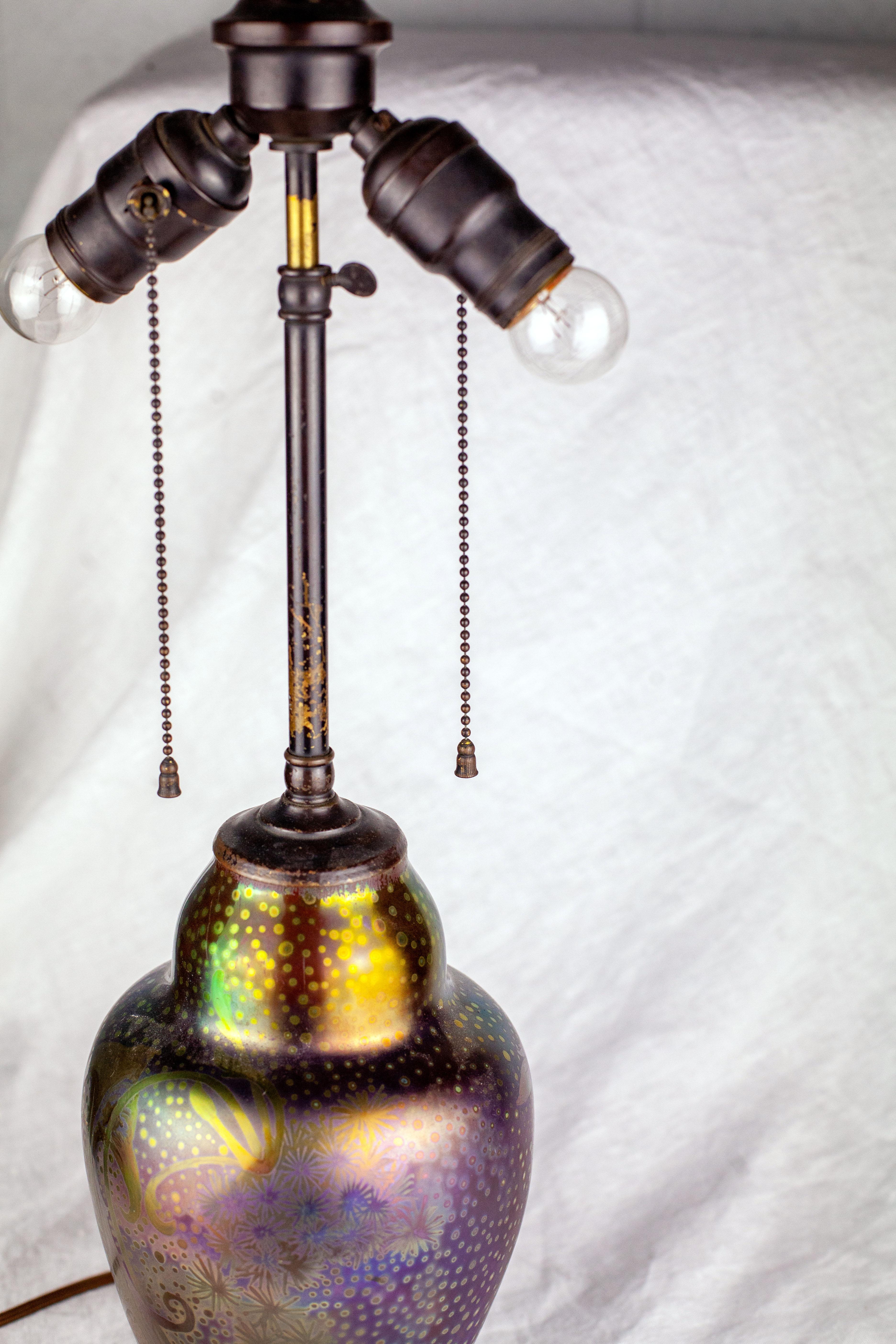 Art Nouveau Iridescent Earthenware Weller Sicard Lamp Base In Good Condition For Sale In Bloomfield Hills, MI
