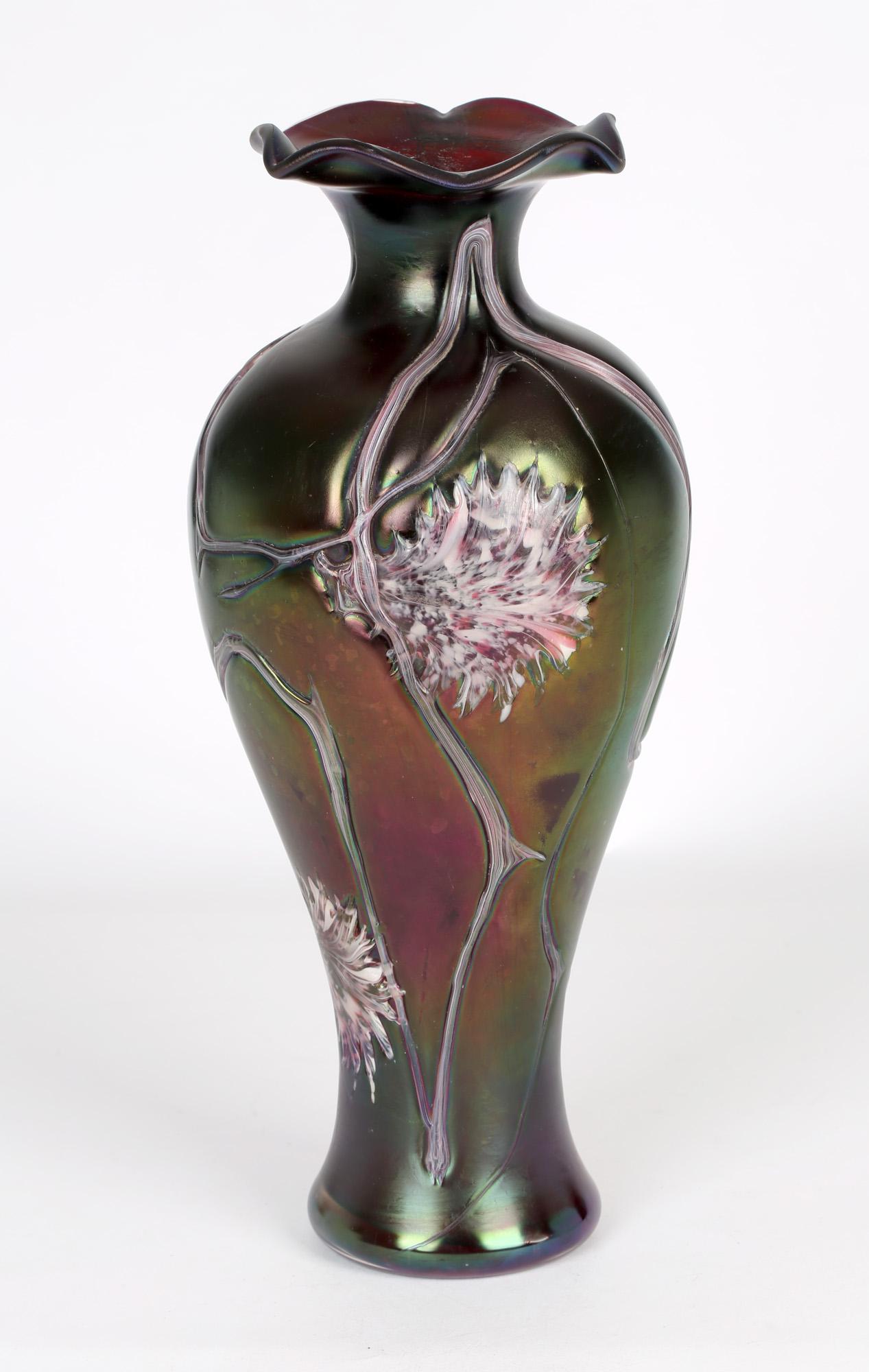 Pallme-Konig Bohemian Art Nouveau Iridescent Floral Patterned Glass Vase  4