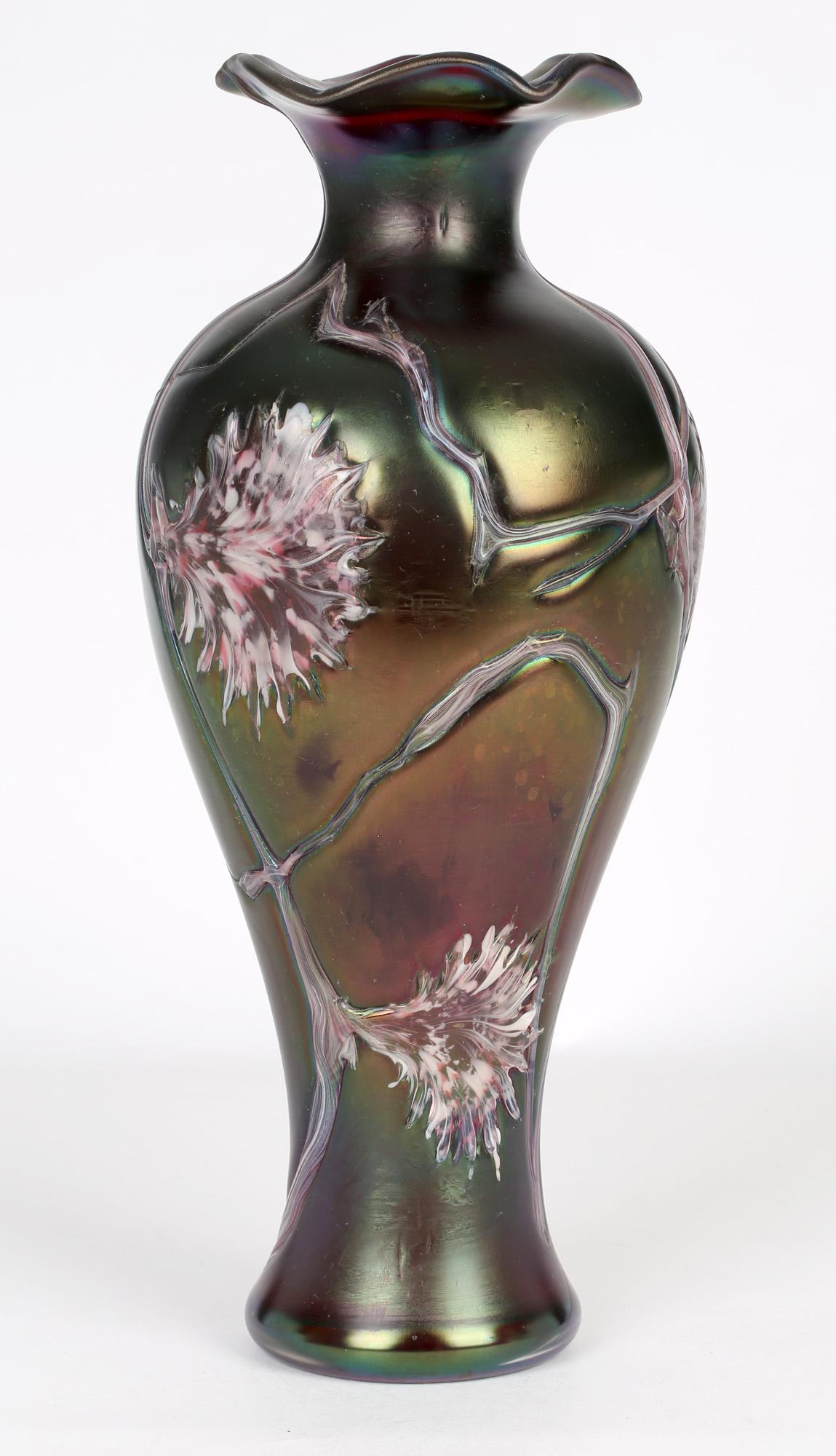 Pallme-Konig Bohemian Art Nouveau Iridescent Floral Patterned Glass Vase  7